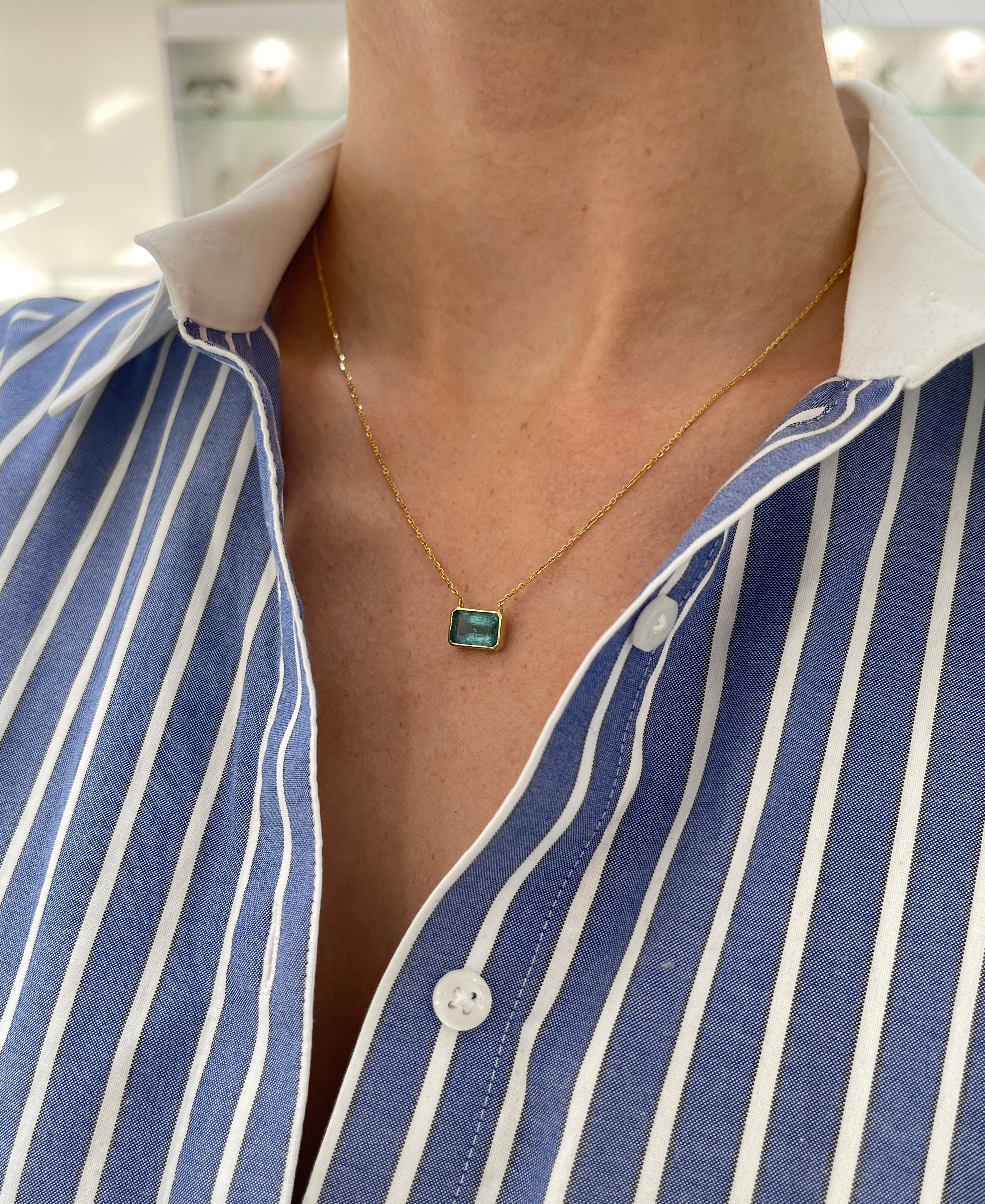 2.75ct Bluish Natural Emerald Bezel Set Solitaire Necklace 14K - JR Colombian Emeralds