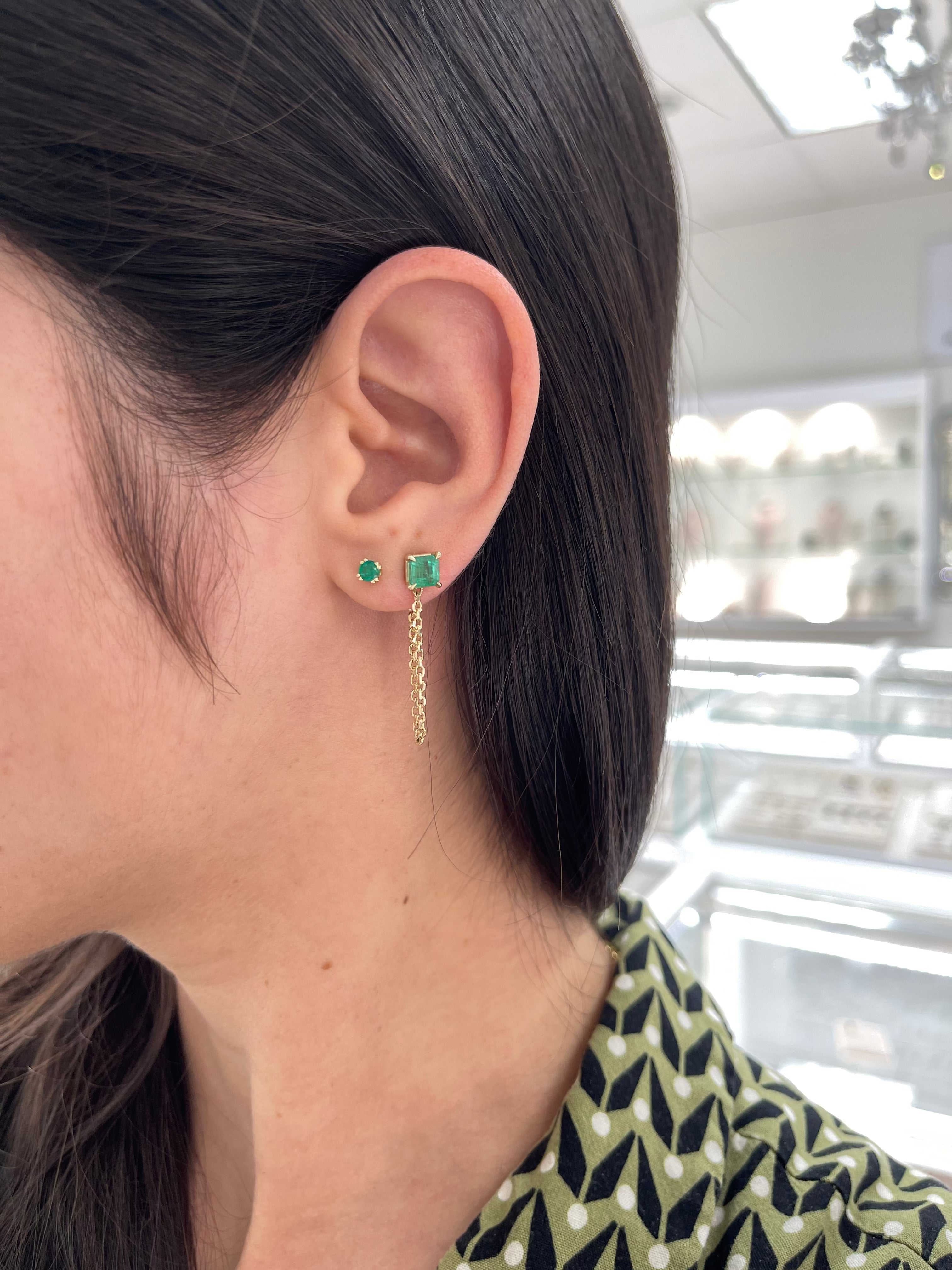 14K Single Emerald Chain Stud Earring- Asscher Cut - JR Colombian Emeralds