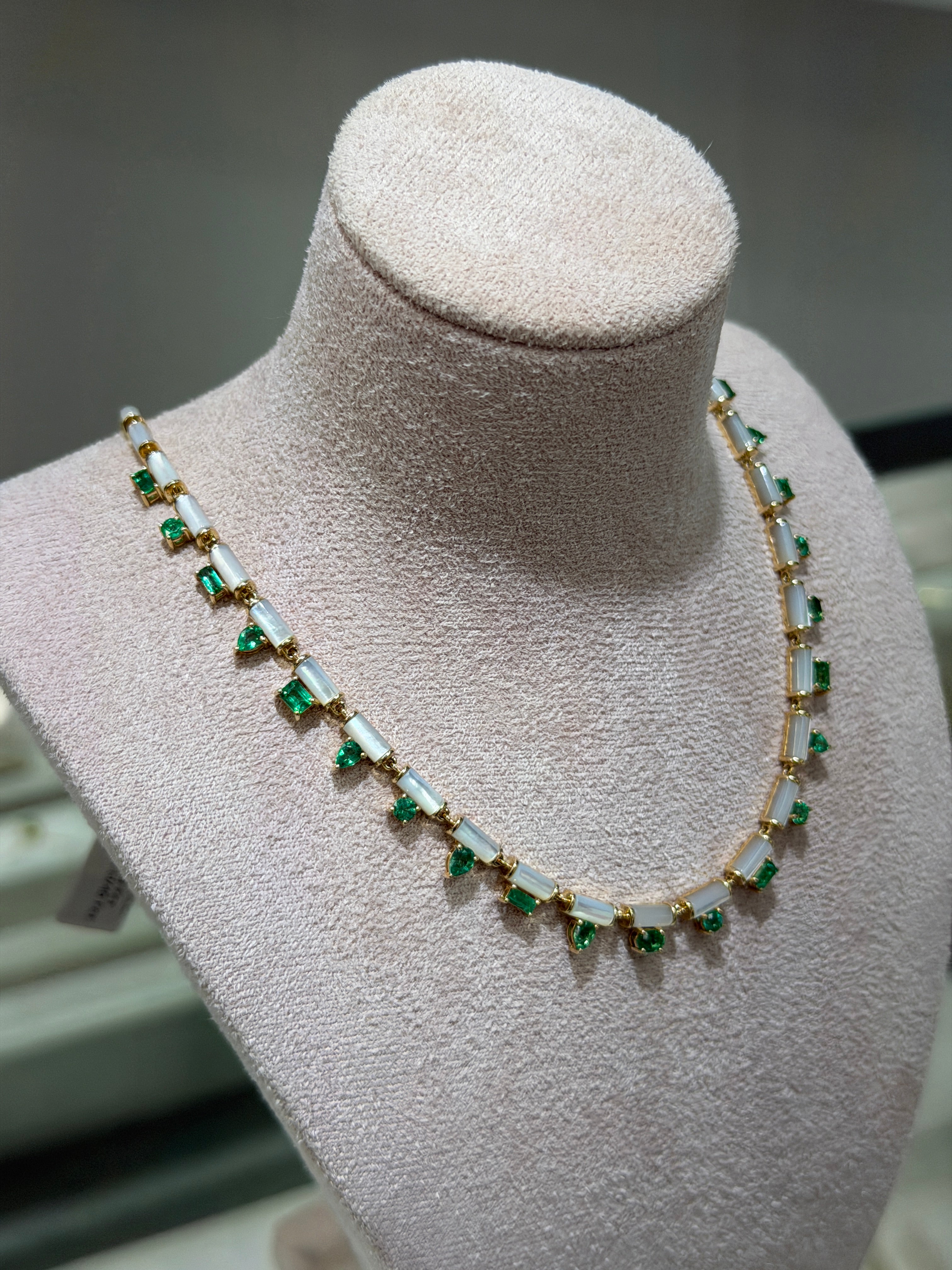 14K natural emerald and mother of pearl fringe necklace with 22.68 tcw from JR Colombian Emeralds, 18-inch length.