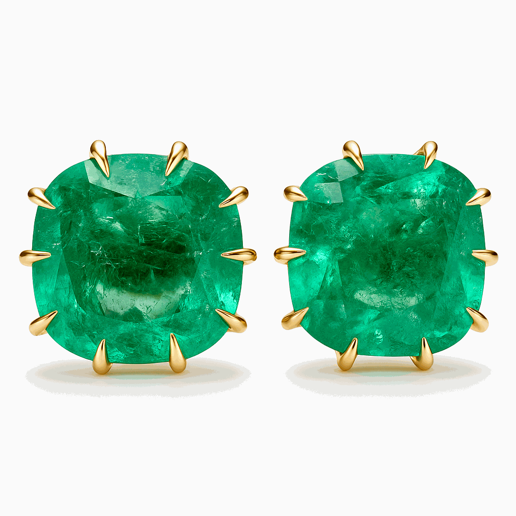 6.74tcw Colombian emerald cushion cut stud earrings in 18K yellow gold multi prong setting