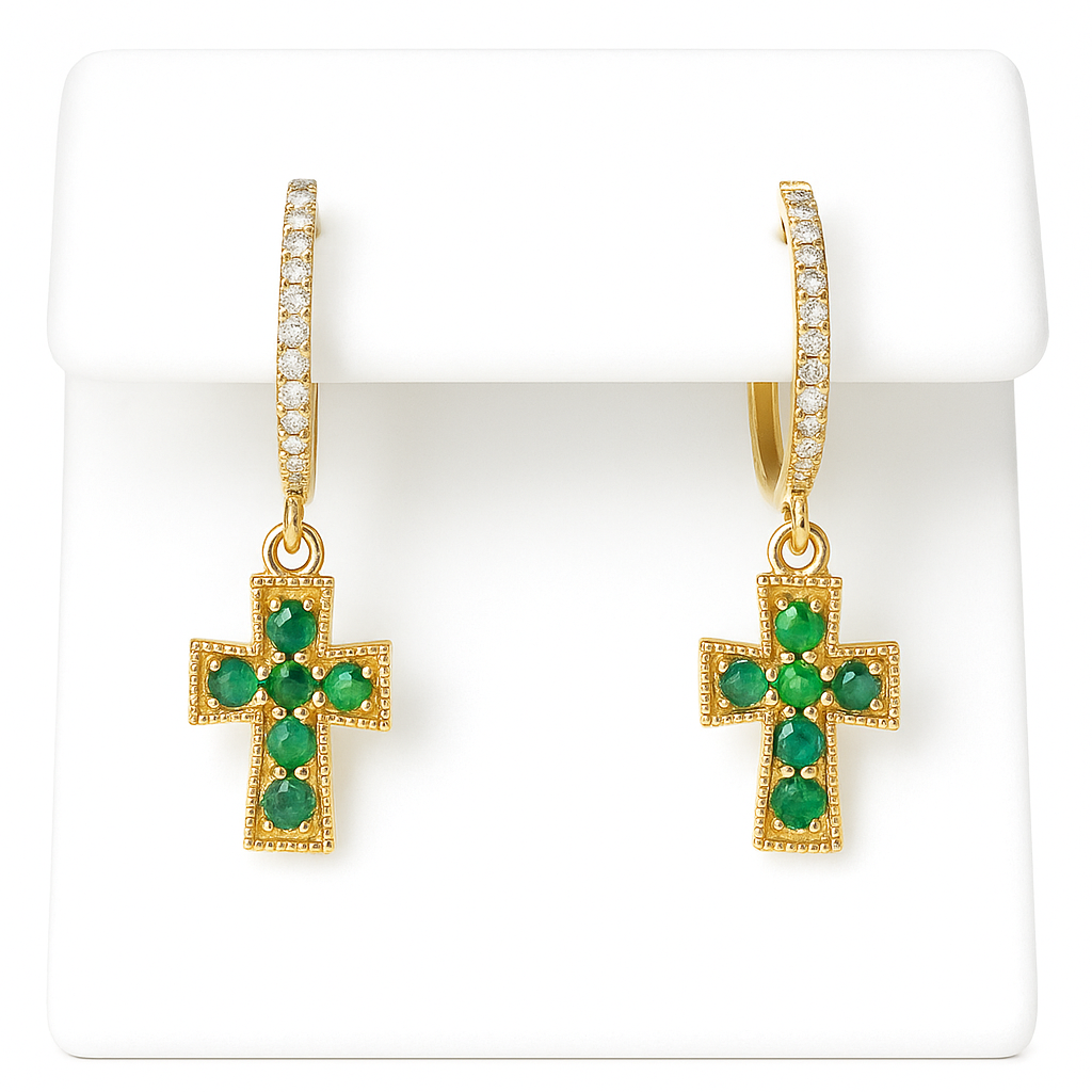 Emerald Cross & Diamond Hoop Earrings 14K