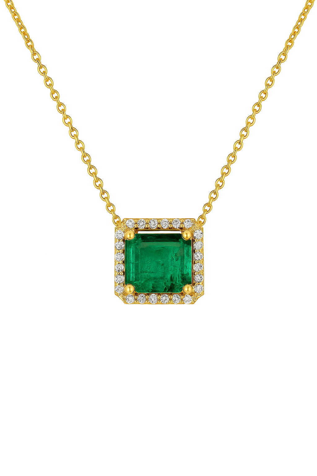 2.48tcw Asscher Cut Emerald & Diamond Halo Stationary Necklace 14K Gold