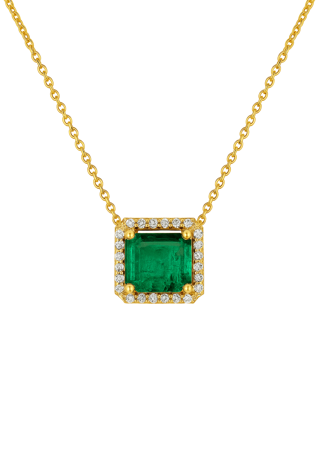 14K gold necklace with 2.48tcw Asscher Cut Emerald and diamond halo station pendant