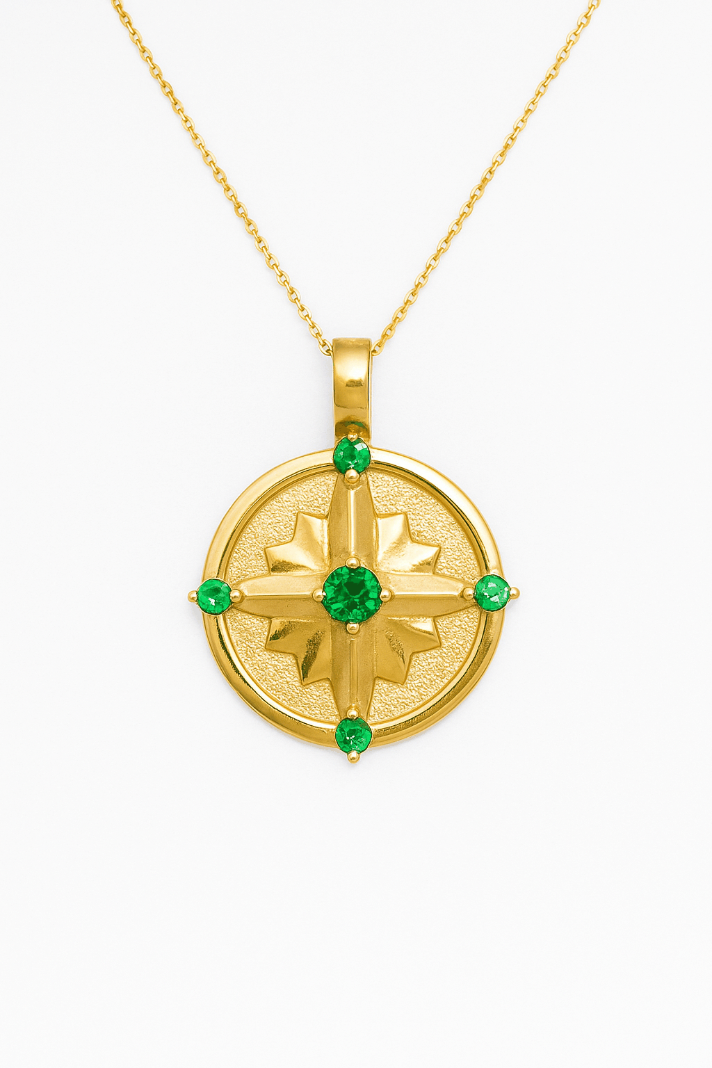 AAA+ Emerald Gold Compass Medallion Necklace 14K yellow gold with vivid green round emerald stones on an 18-inch chain