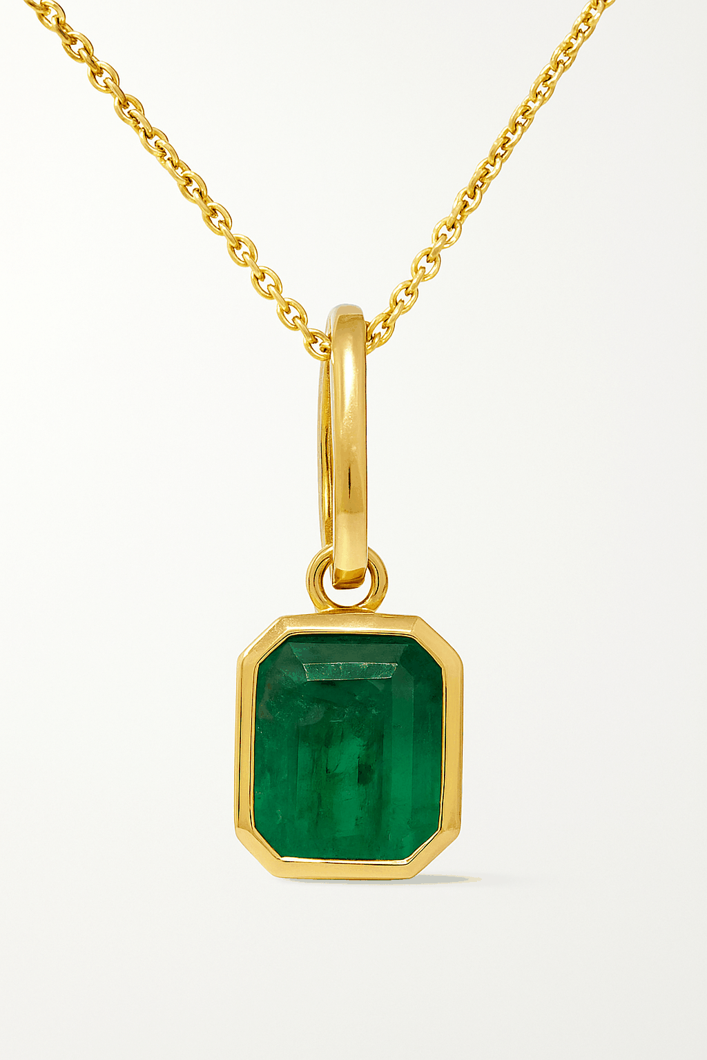 4.98 carat dark green bezel set emerald necklace in 14K yellow gold with 18-inch chain
