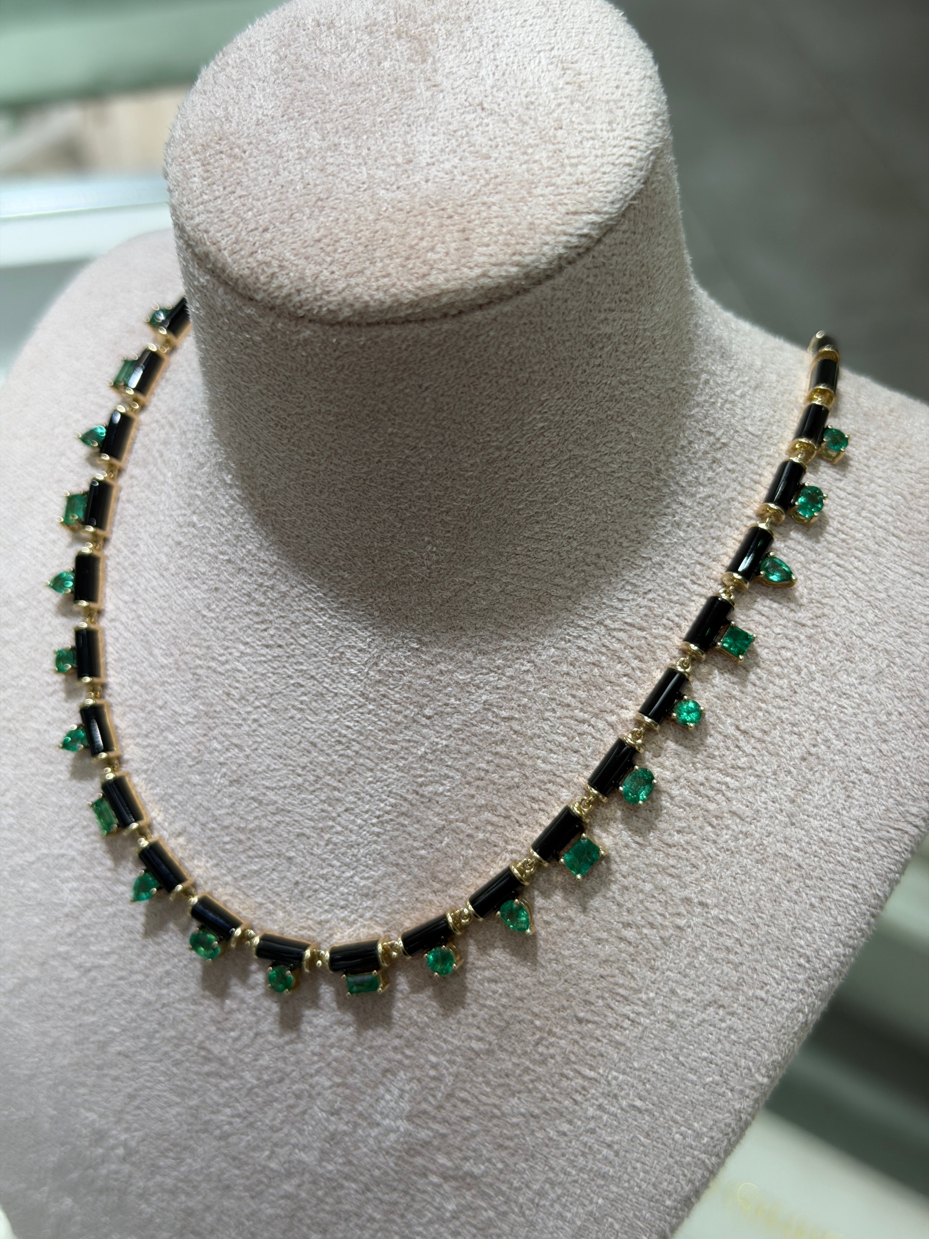 Jewelry necklace featuring custom-cut onyx and natural emerald fringe with mix-shaped stones, 18-inch length by JR Colombian Emeralds