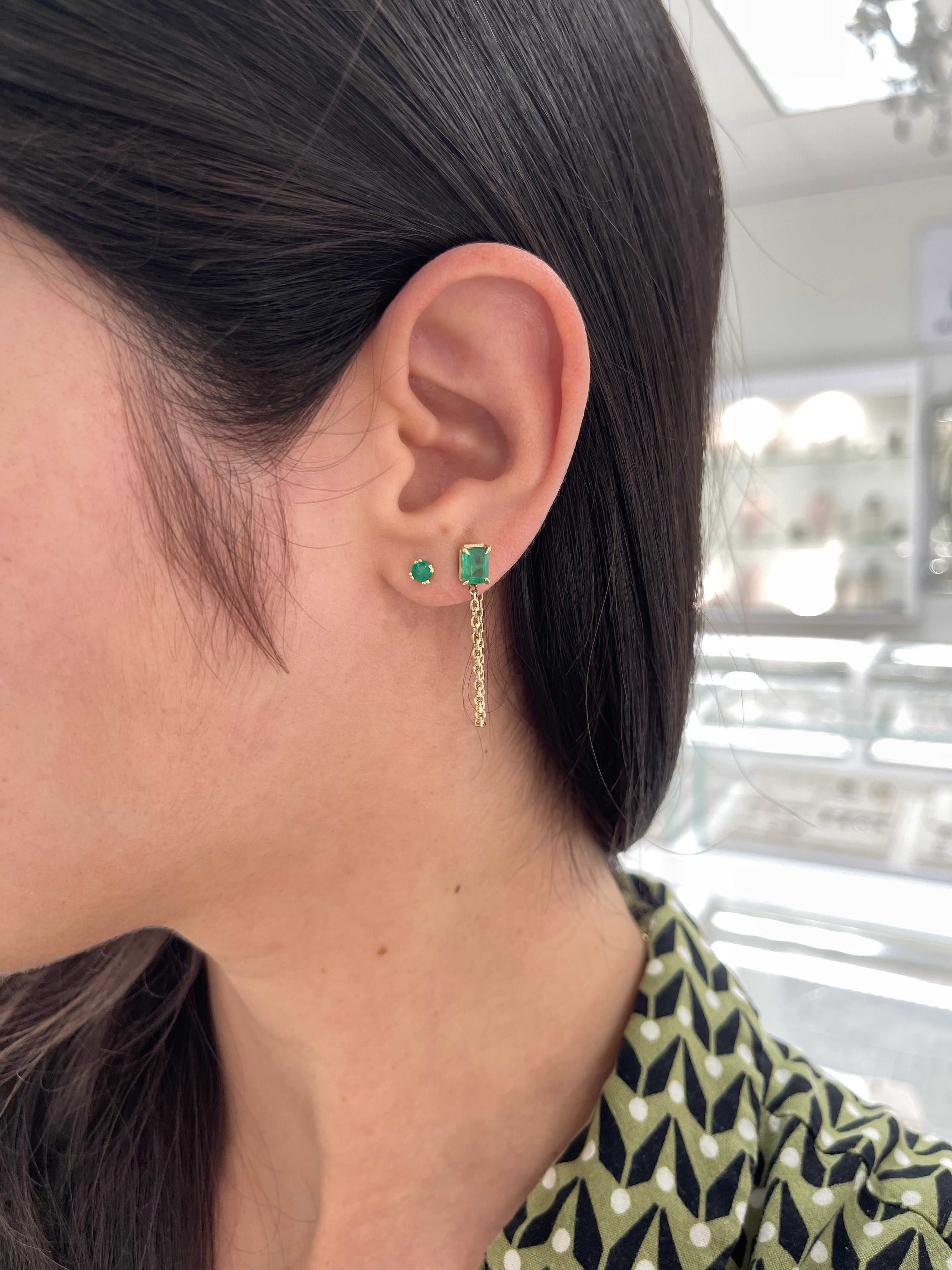 14K Single Emerald Chain Stud Earring- Emerald Cut - JR Colombian Emeralds