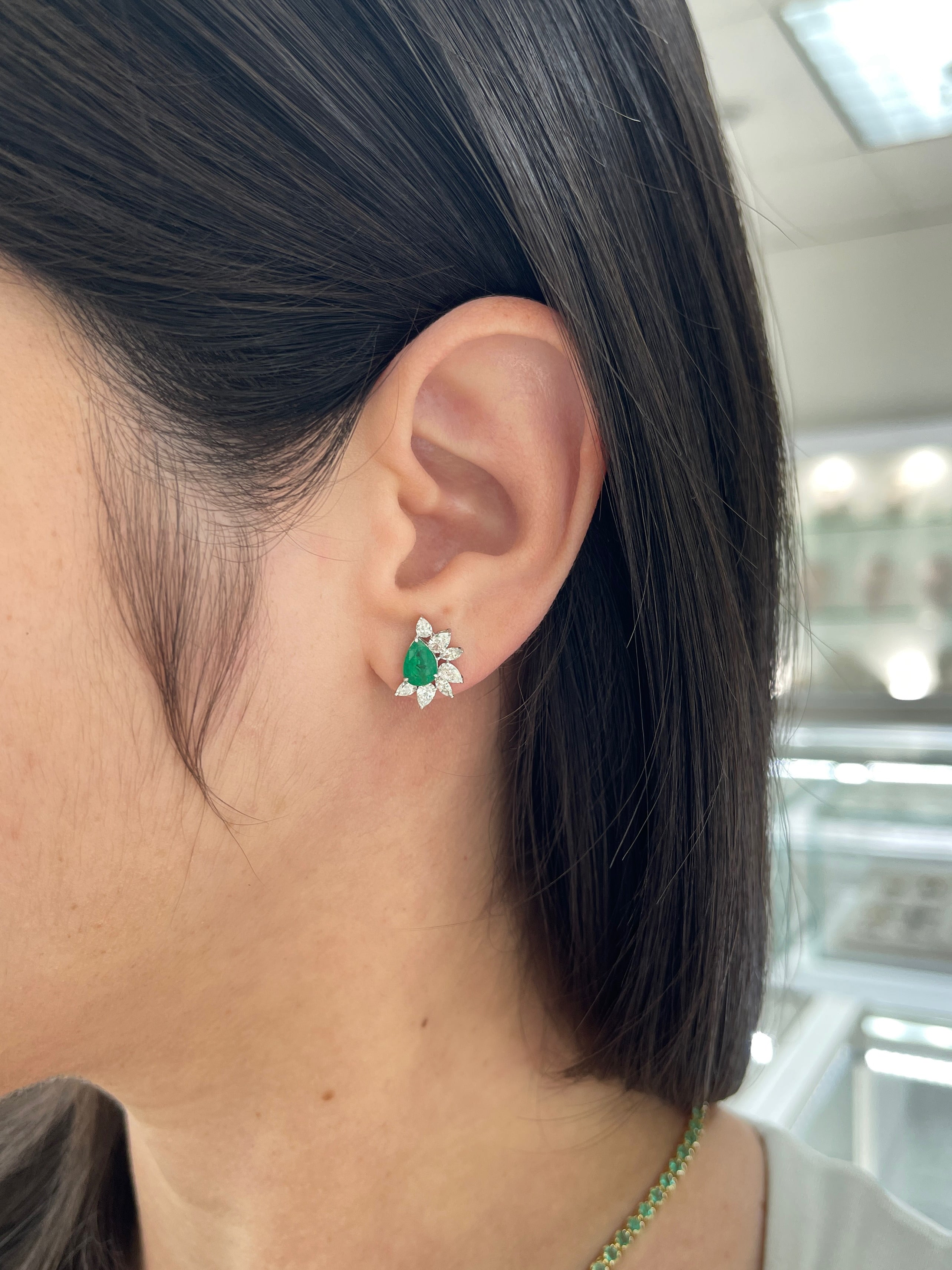 2.51tcw 18K Natural Rich Green Pear Emerald & Pear Diamond Starburst Stud Earrings - JR Colombian Emeralds