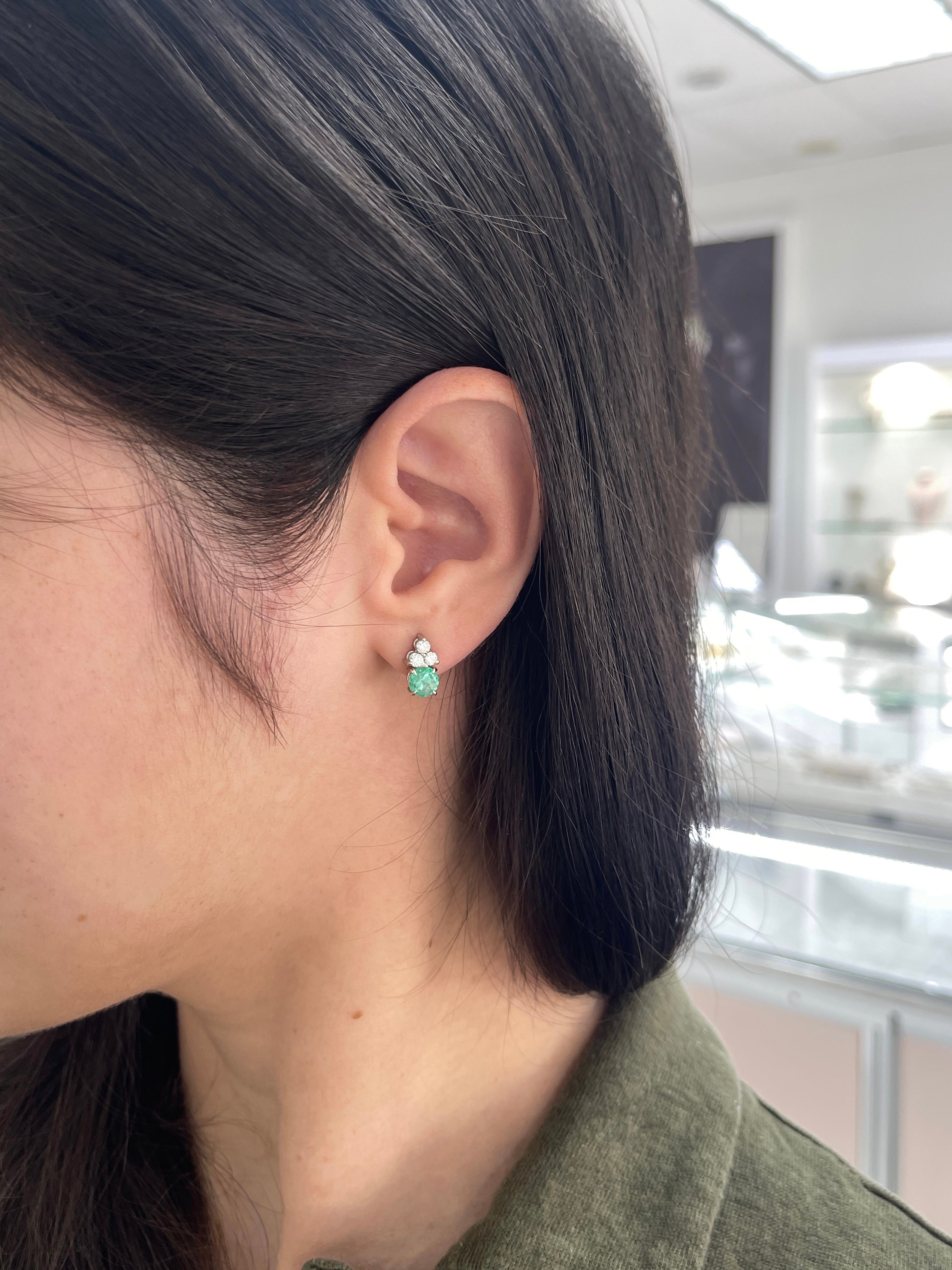 Colombian Emerald & Diamond Trio Stud Earrings in 14K White Gold Natural Green Gemstone Jewelry
