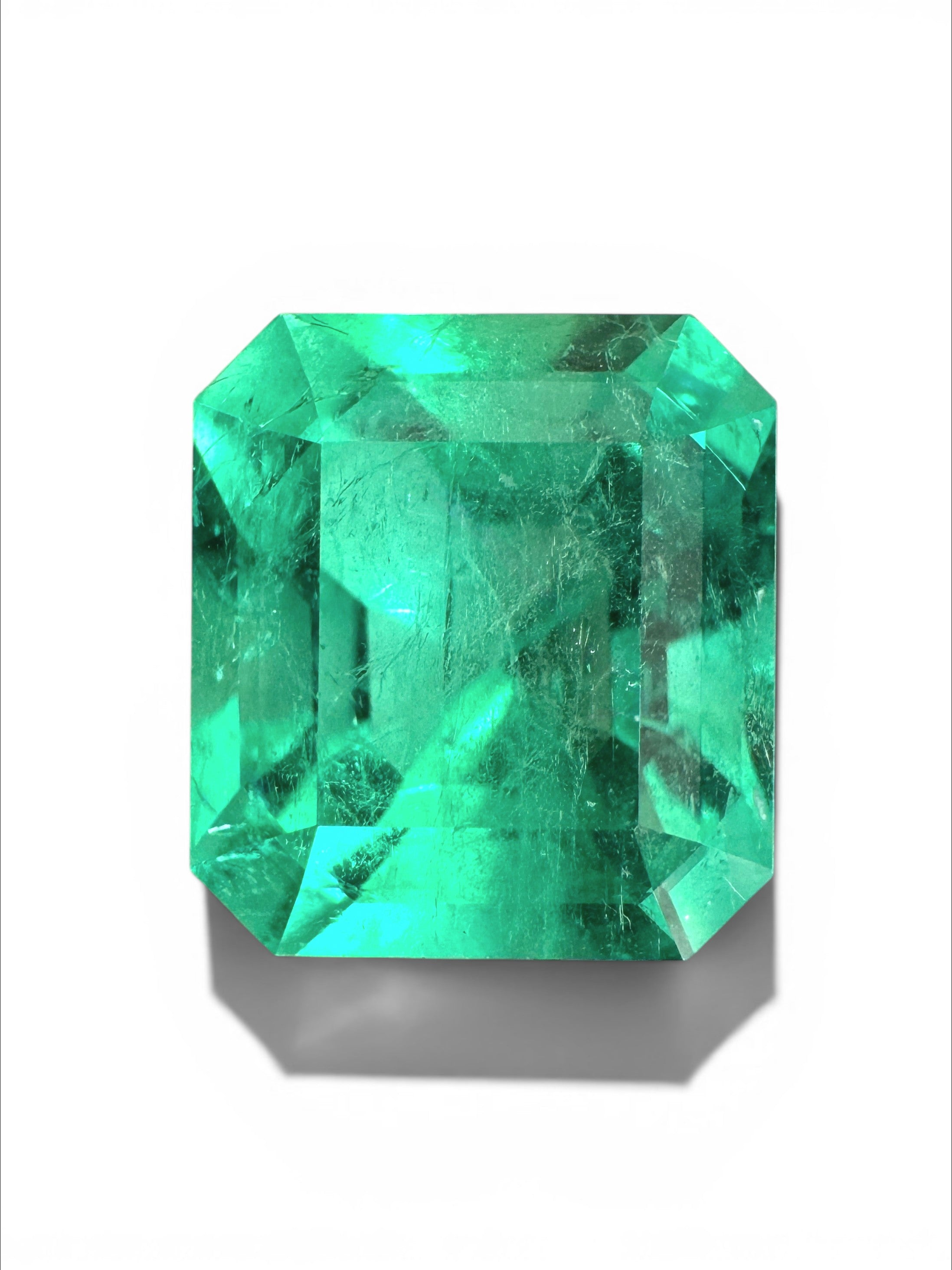 4.75 carat 11x10mm bluish green Colombian emerald loose gemstone, Asscher cut, natural and vibrant from JR Colombian Emeralds.