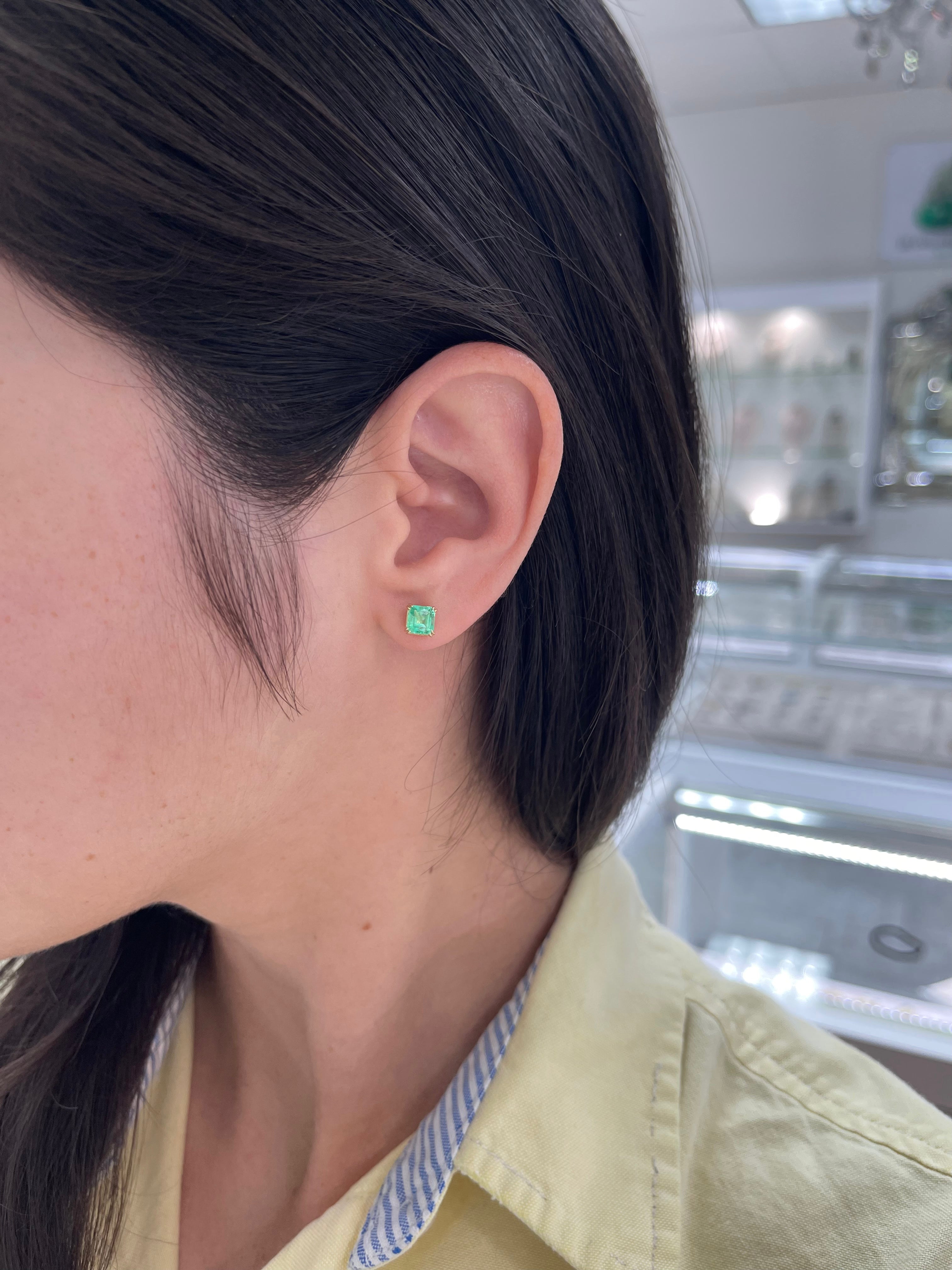 1.48tcw 14K 5x5 Light Green Colombian Emerald Asscher Cut Double Claw Stud Earring - JR Colombian Emeralds
