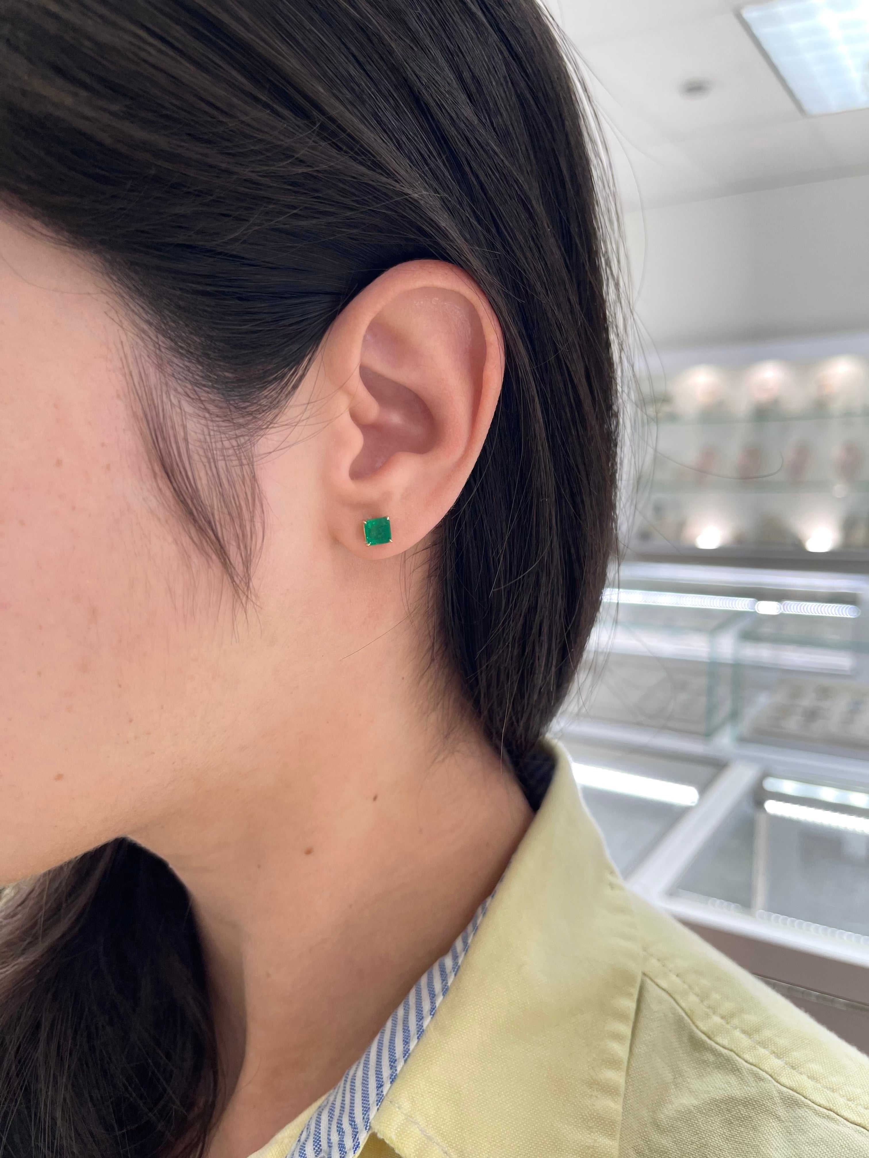 1.48tcw 14K 5x5 Deep Green Zambian Emerald Asscher Cut Solitaire Stud Earring - JR Colombian Emeralds