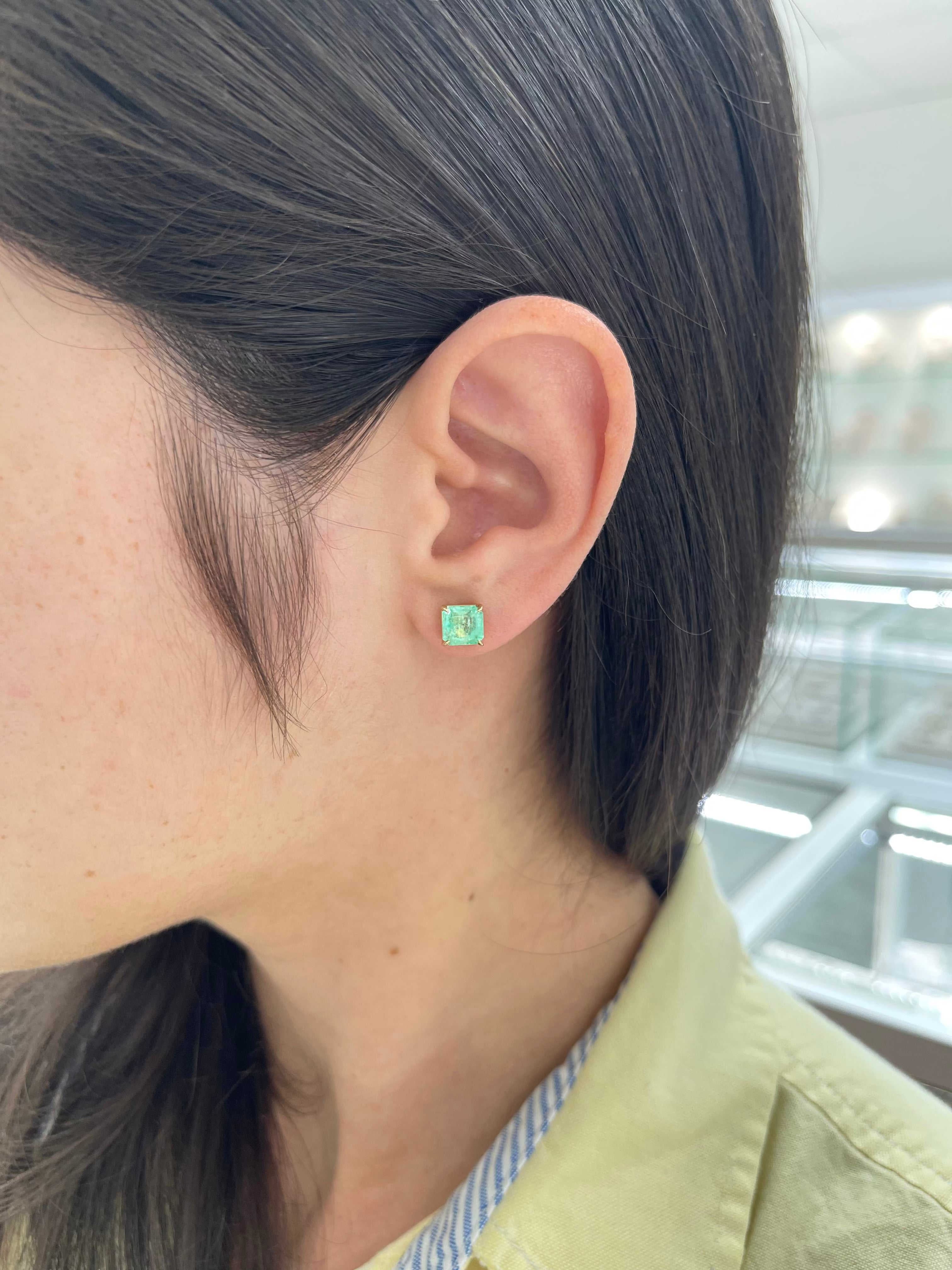 2.53tcw 6.5mm x 6.5mm 14K Colombian Emerald Asscher Cut Solitaire Stud Earring - JR Colombian Emeralds