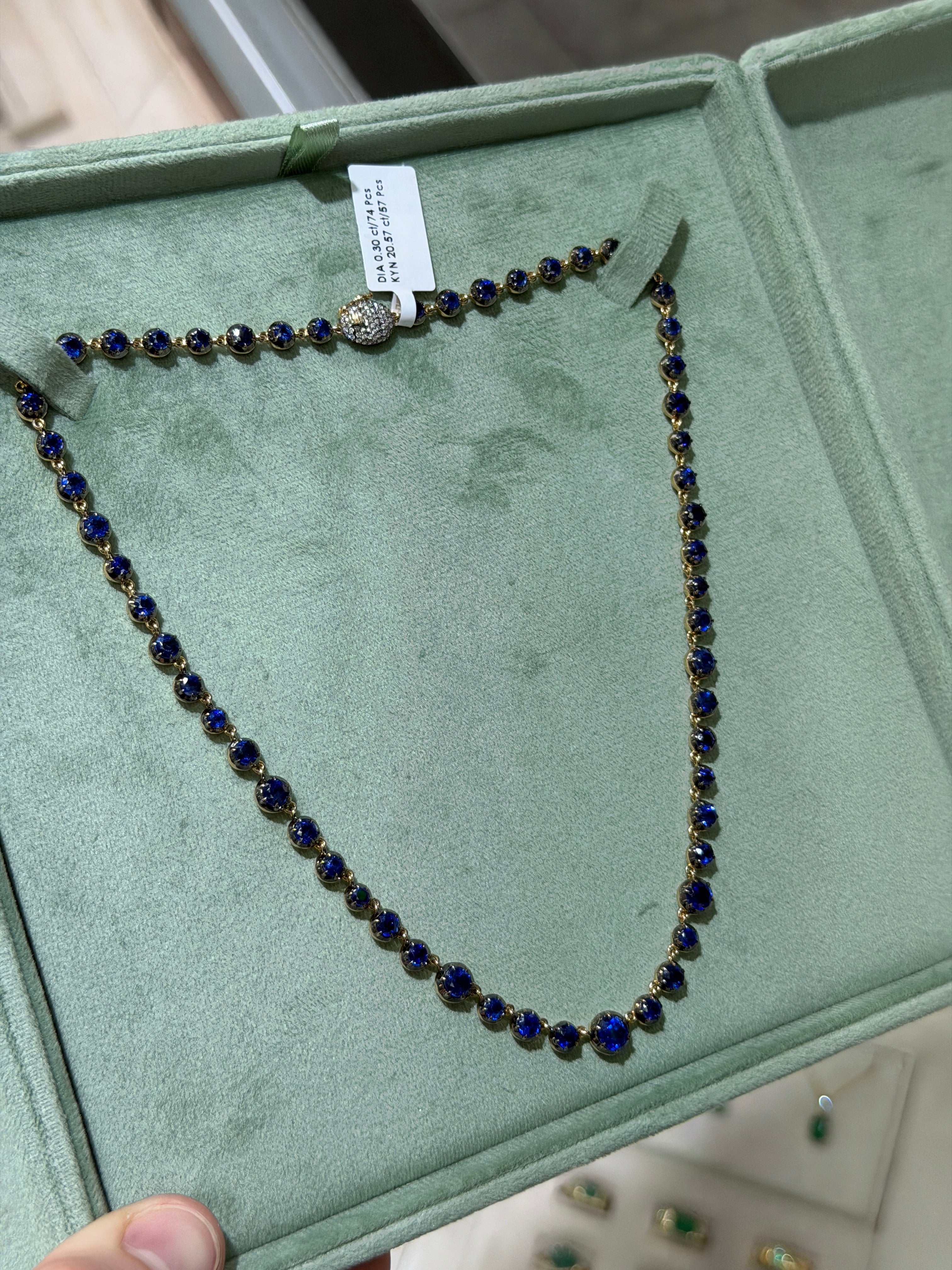 14K natural round cut deep blue Kyanite button tennis necklace with diamond clasp, 17-inch length by JR Colombian Emeralds