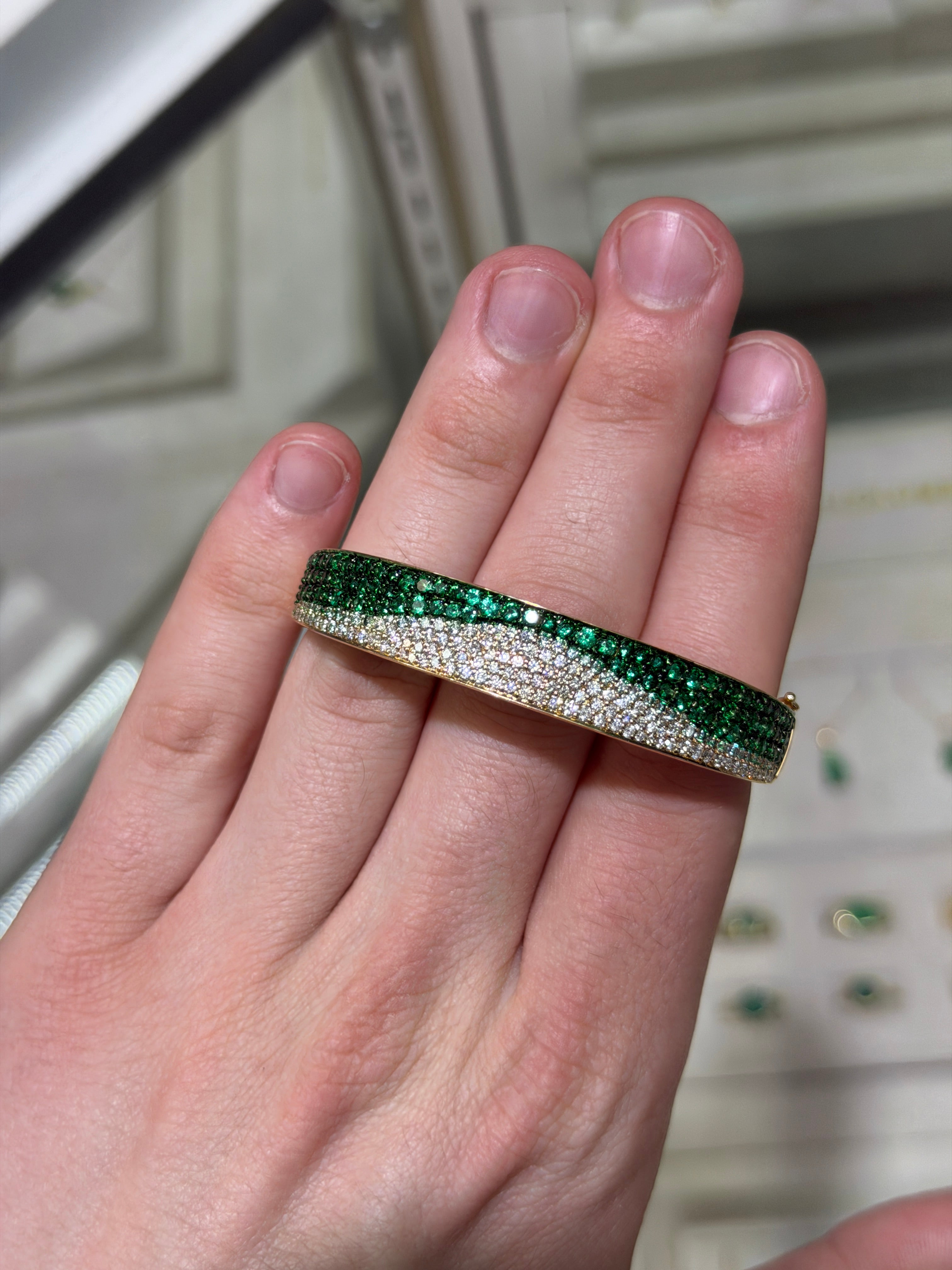 14K natural emerald and diamond ombre bangle bracelet with black and green rhodium from JR Colombian Emeralds.