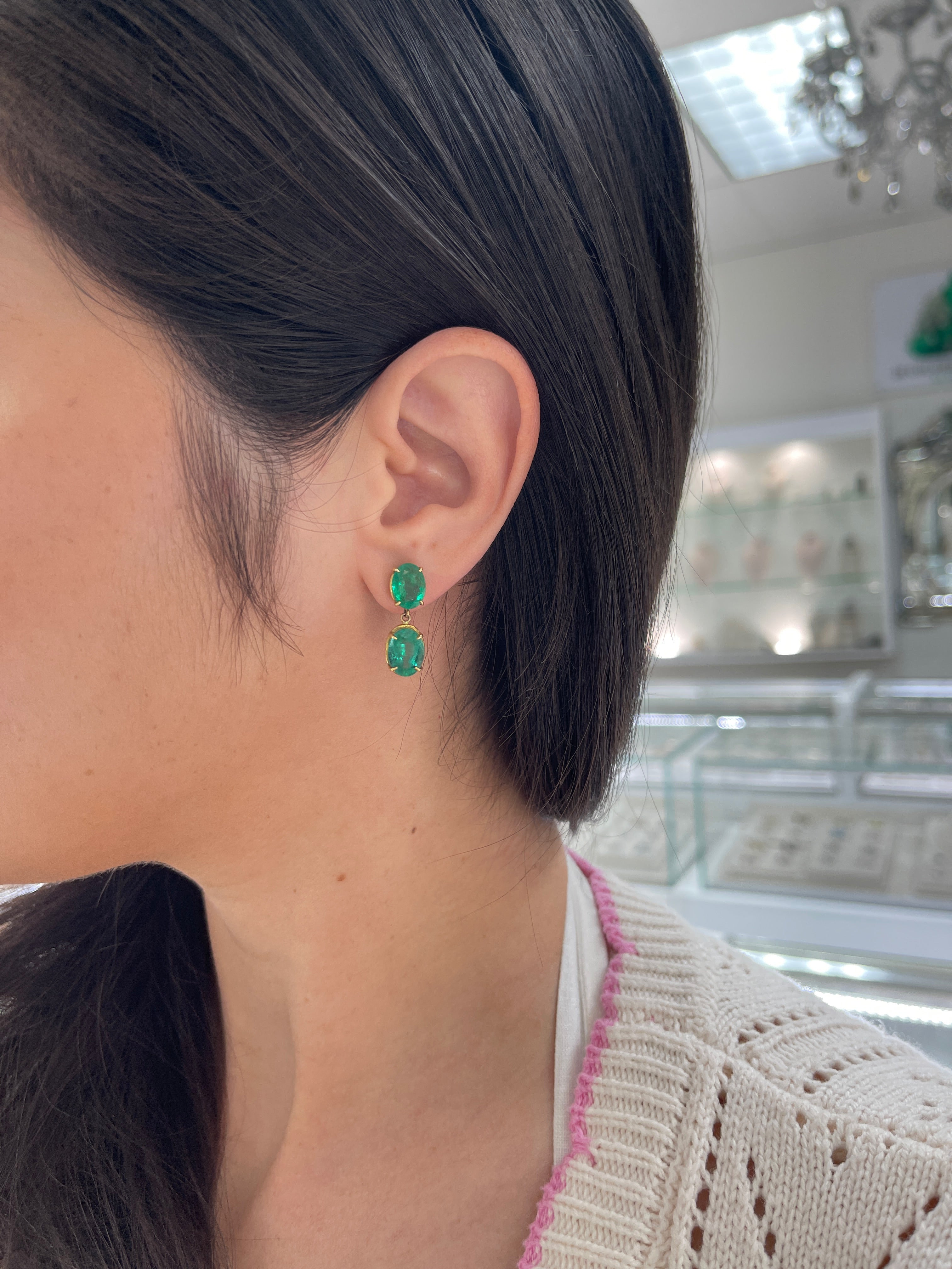 Oval Emerald Dangle Earrings 8.18 TCW Medium Deep Bluish Green Zambian Emeralds 18K - JR Colombian Emeralds