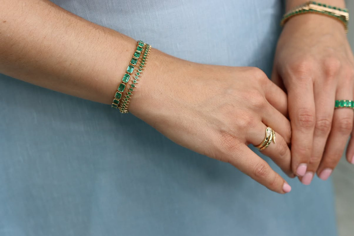 14.32tcw 14K Natural Emerald Bezel Set Tennis Bracelet