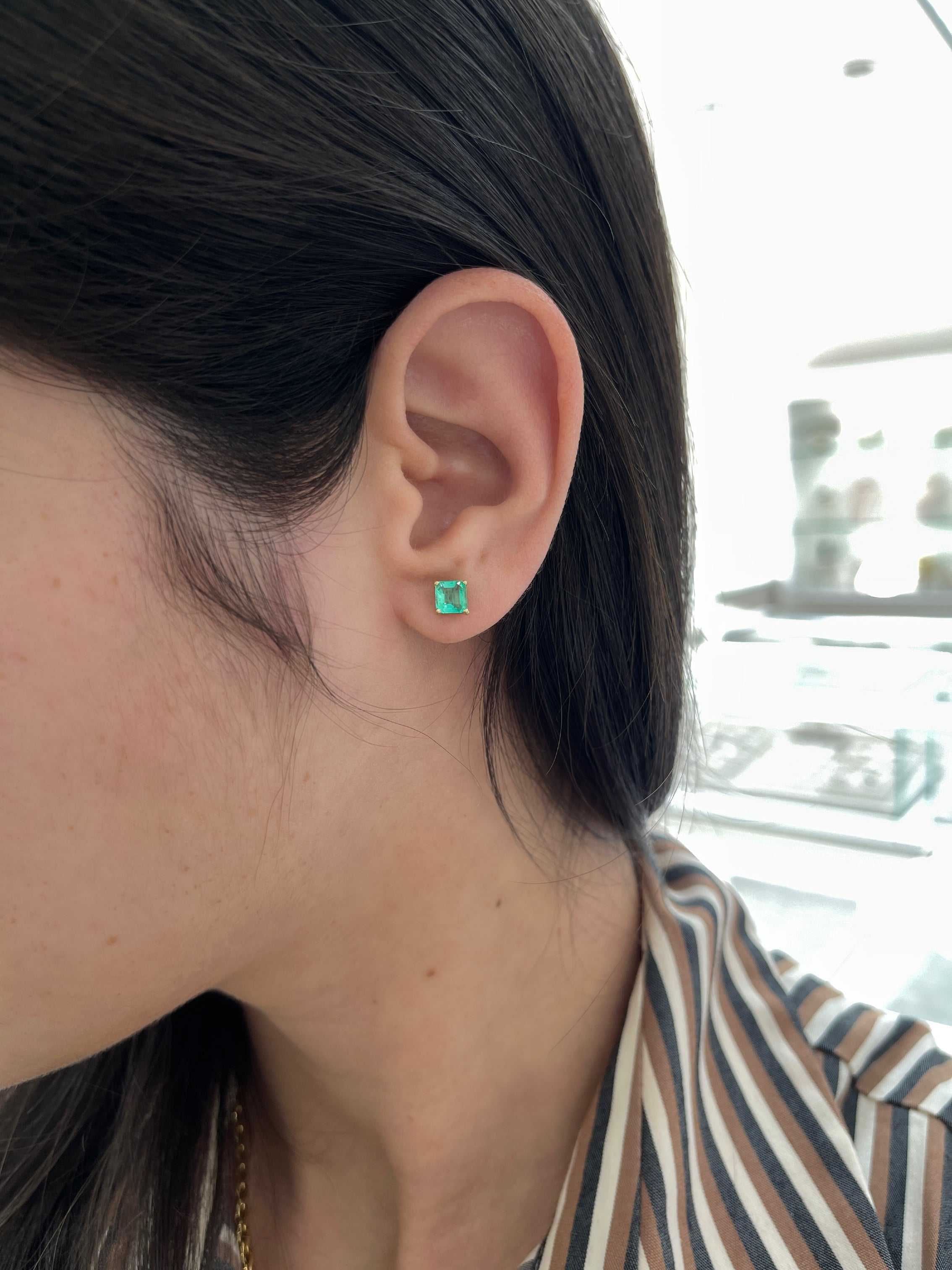1.39tcw Vibrant Asscher Cut Colombian Emerald Studs 14K Yellow Gold