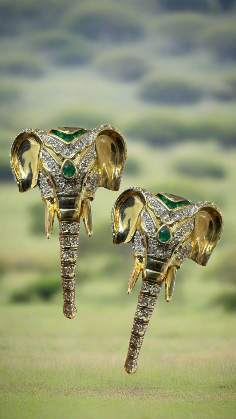 14K Gold Elephant Earrings with Diamonds Rubies Emeralds & Moving Trunk - JR Colombian Emeralds