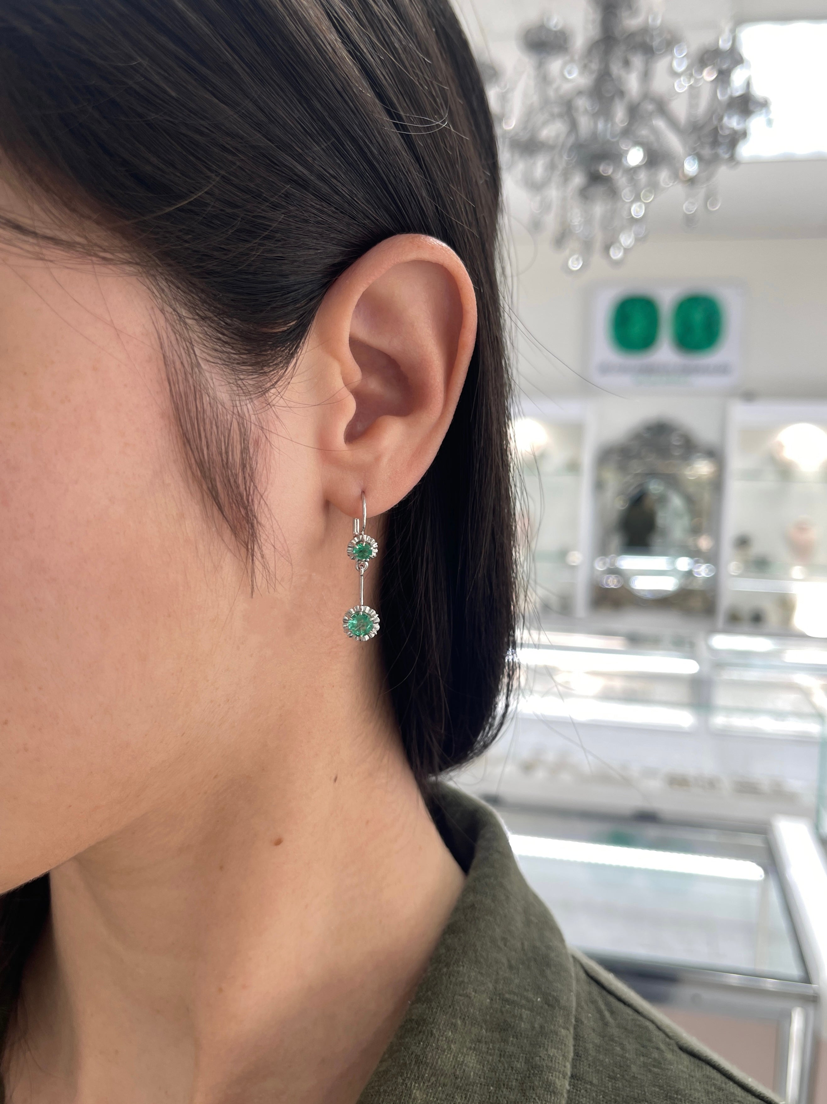 Round Natural Emerald Dangle Earrings in White Gold Buttercup Setting 31mm Leverback Drops - JR Colombian Emeralds