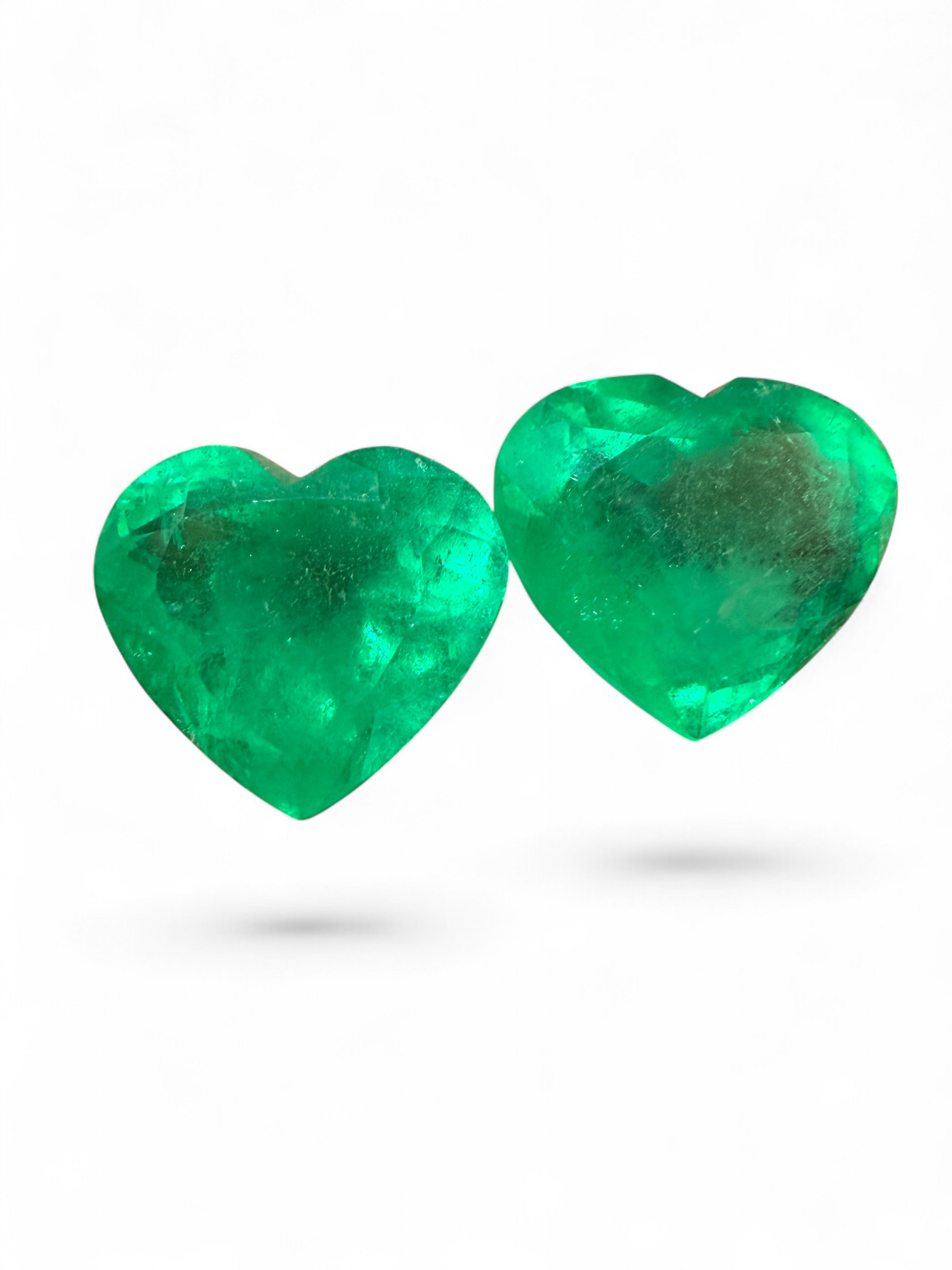 9.66tcw 19.6x11.8 Matching Emerald Hearts Yellowish Green Natural Colombian Emeralds