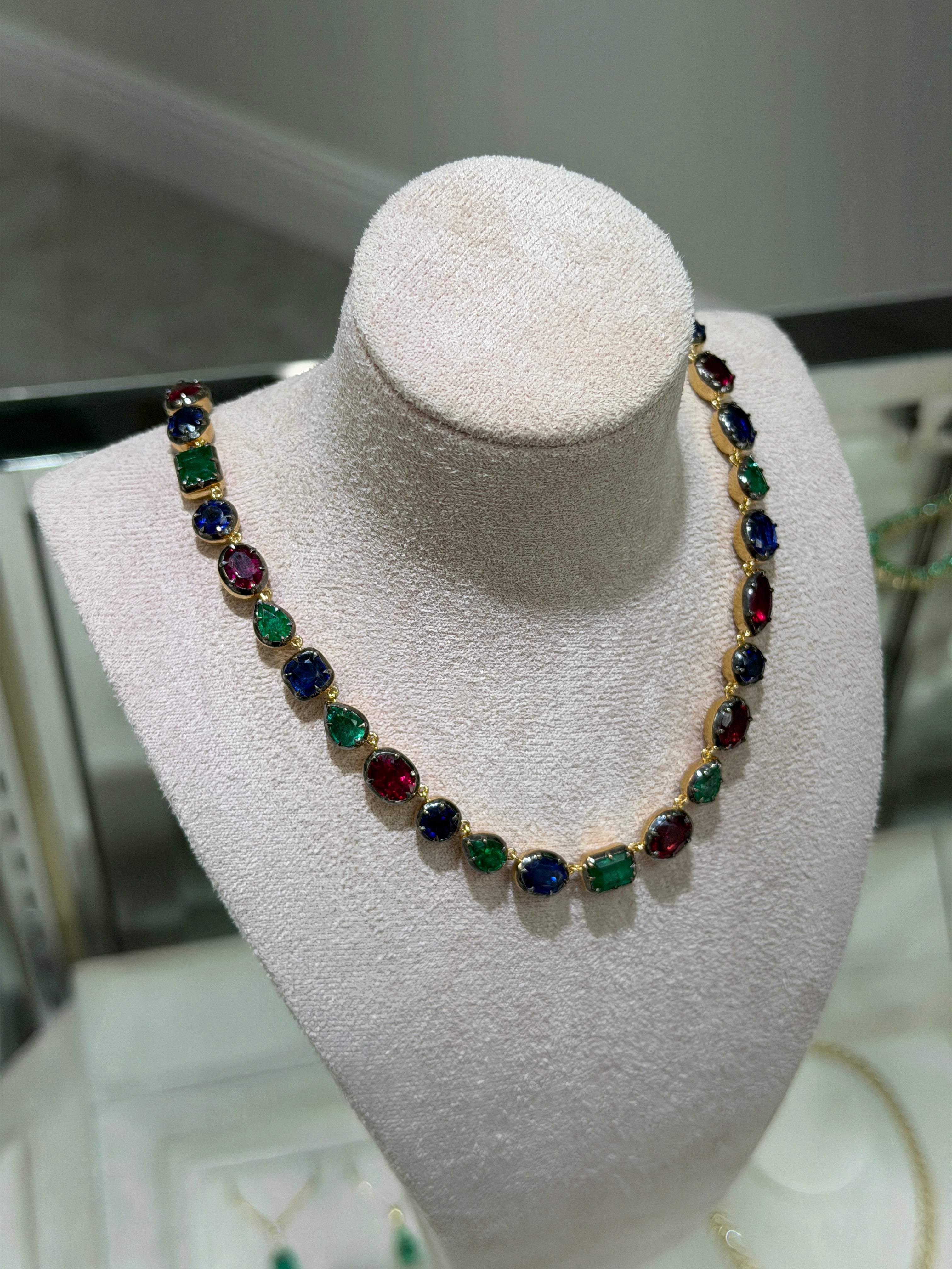 Natural emerald, ruby, and kyanite mixed color 17-inch 925 silver necklace with cut gemstones by JR Colombian Emeralds.