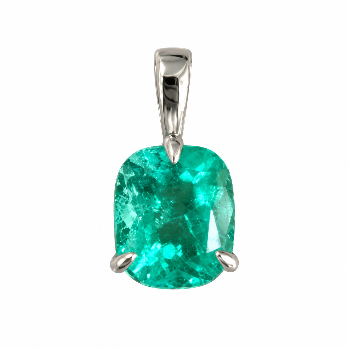 Platinum cushion-cut Colombian emerald pendant necklace with 2.51 carats, featuring a vibrant aqua-green emerald on a white background.
