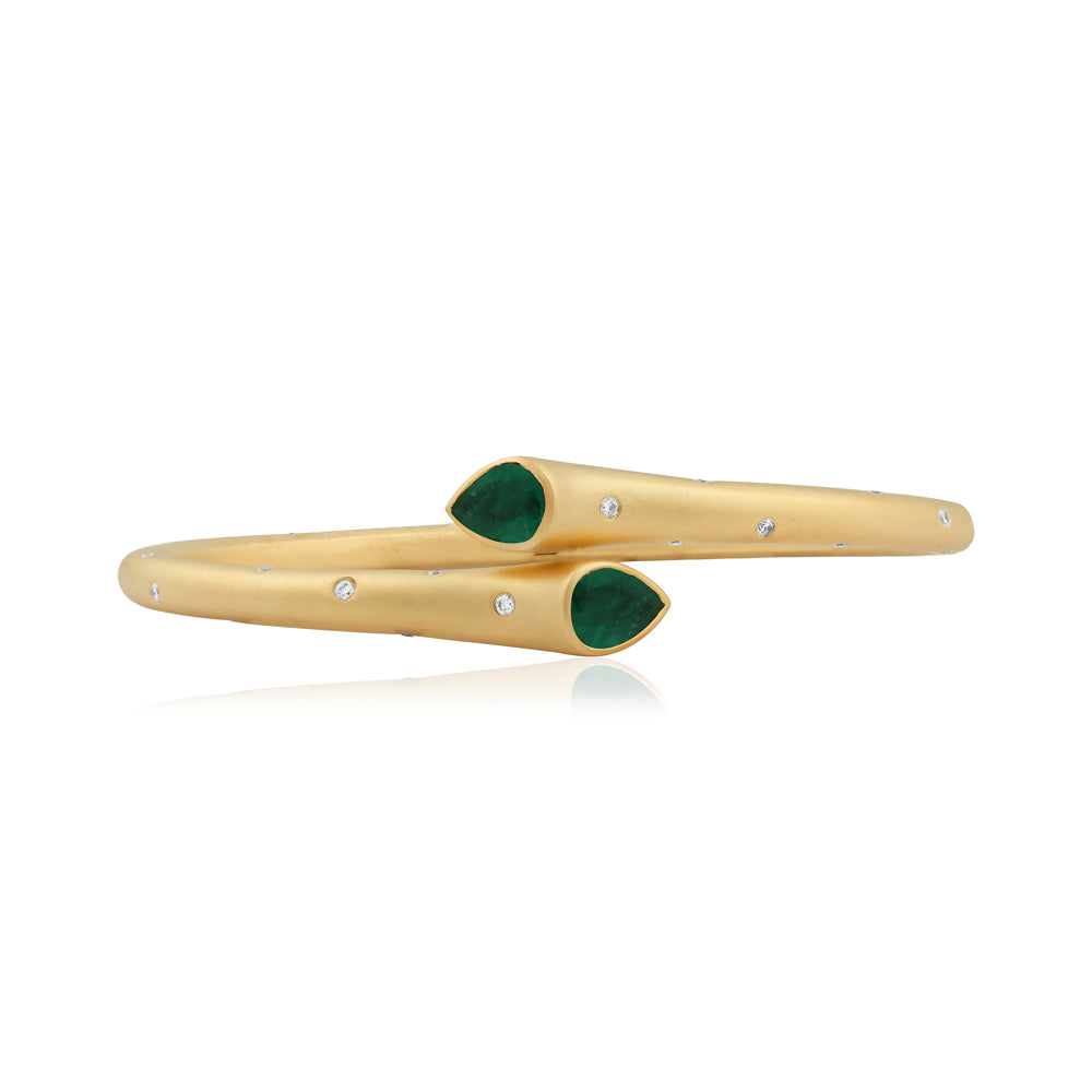 2.93tcw Pear Emerald & Diamond Bypass Cuff Bangle Bracelet 18K