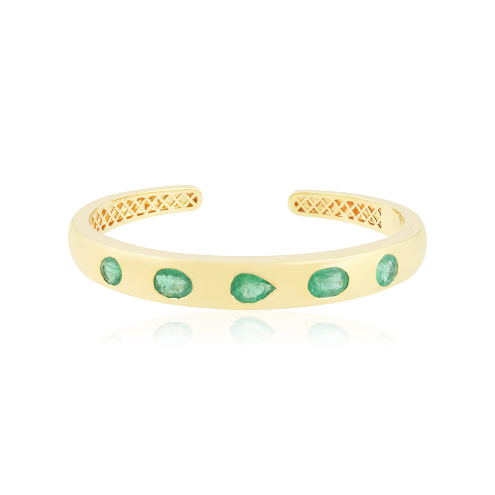14K natural green emerald bangle bracelet with pear and oval cut stones, bezel set, featuring 5.66 carats from JR Colombian Emeralds