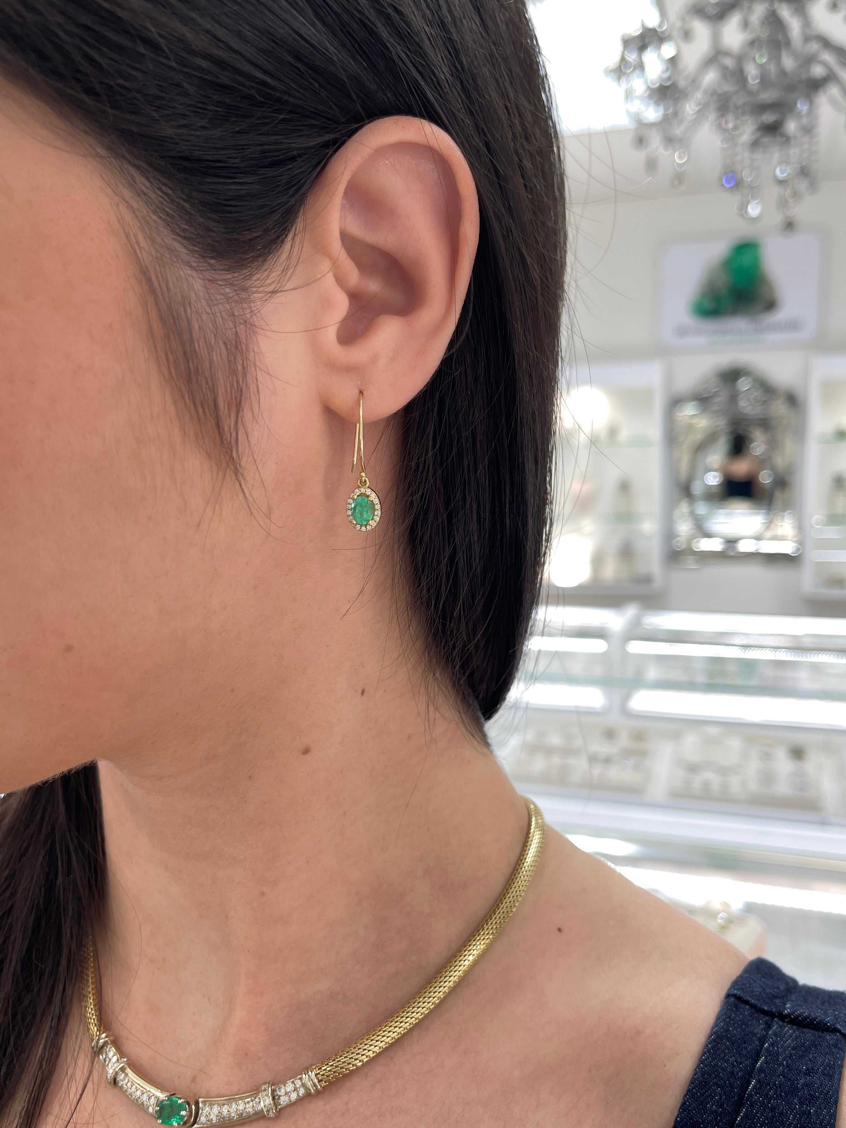1.24tcw Colombian Emerald Oval & Diamond Halo Dangle Earrings 14K - JR Colombian Emeralds