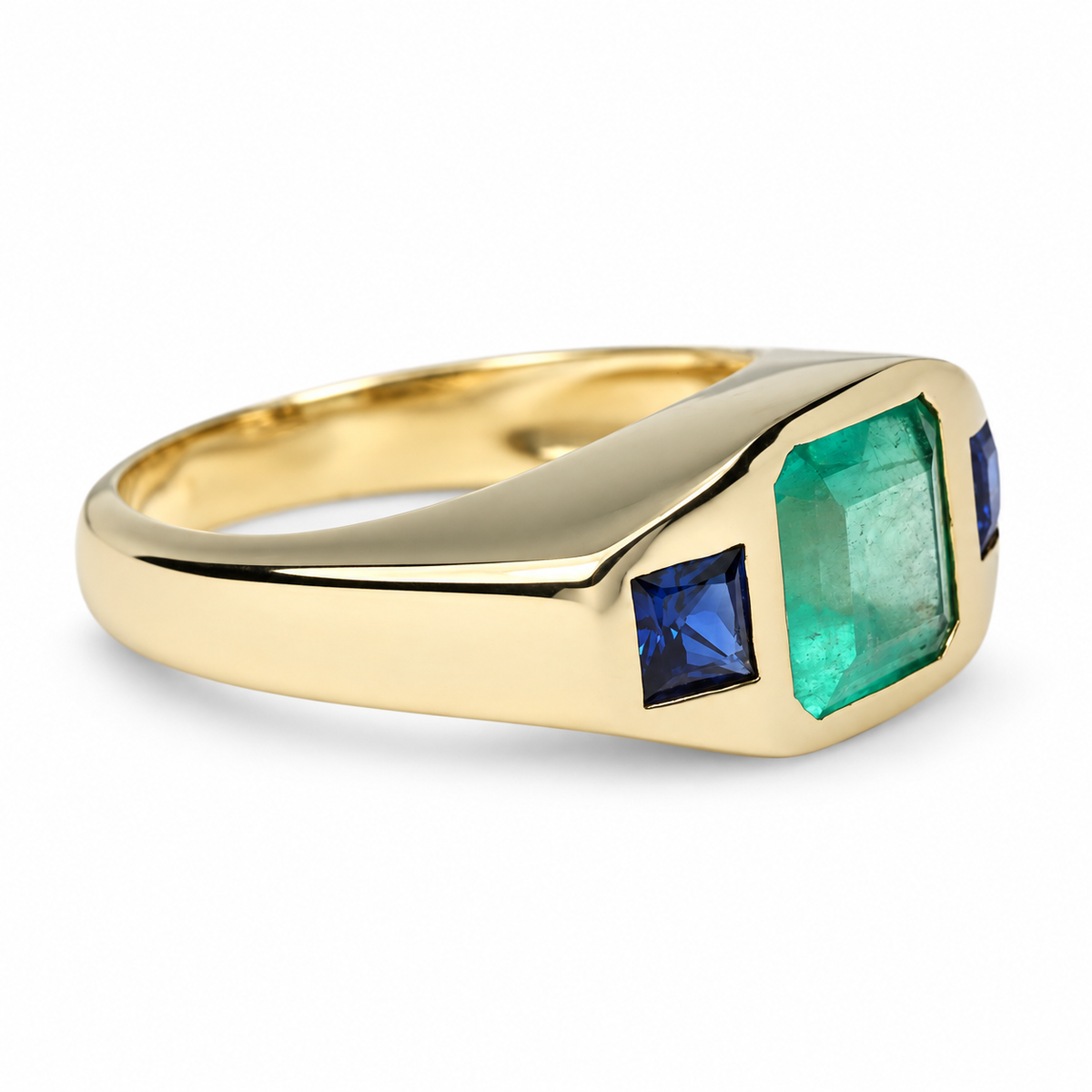 2.50tcw Three Stone Square Emerald & Blue Sapphire Bezel Gypsy Ring 14K