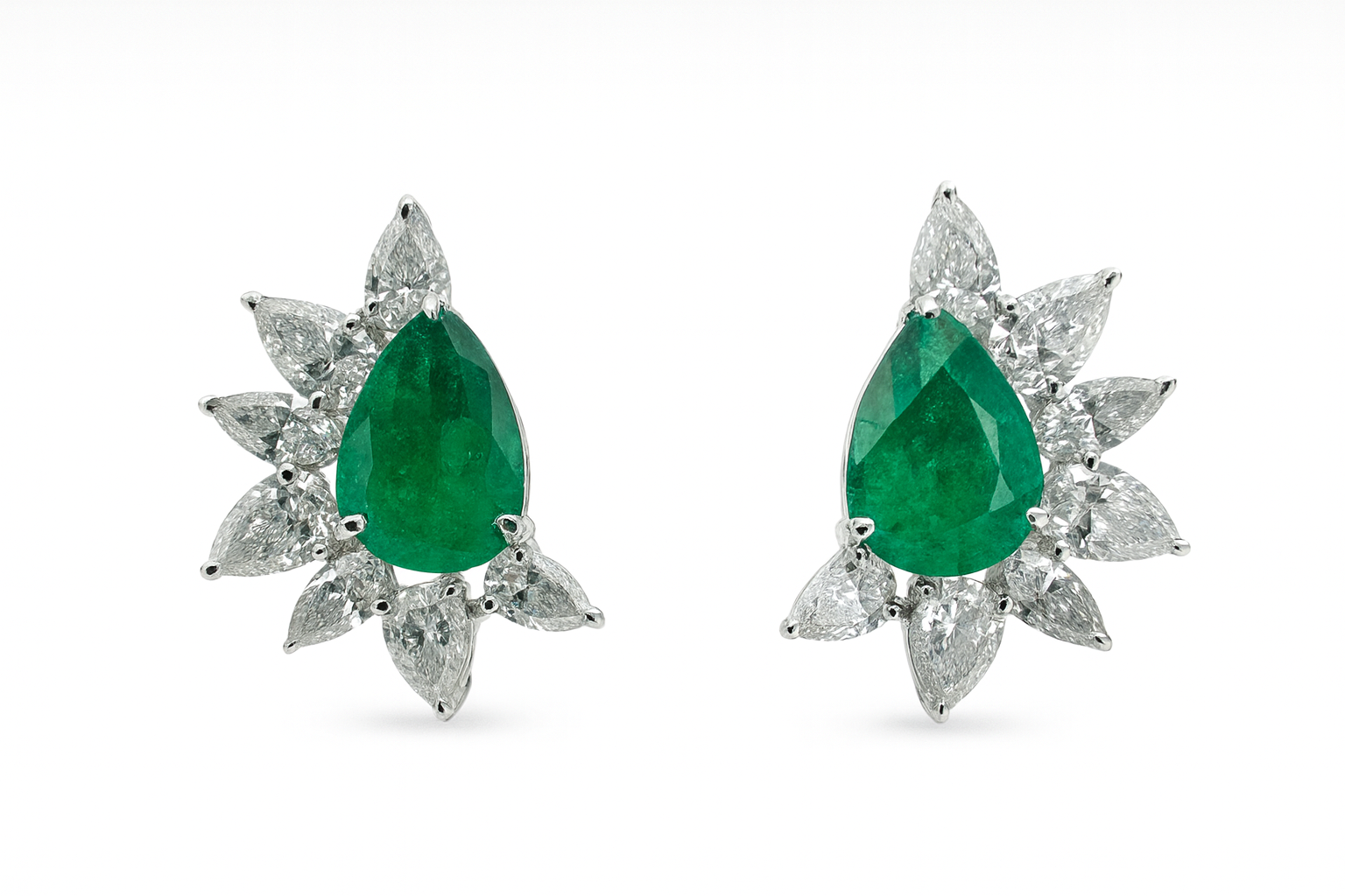 2.51tcw 18K Natural Rich Green Pear Emerald & Pear Diamond Starburst Stud Earrings - JR Colombian Emeralds