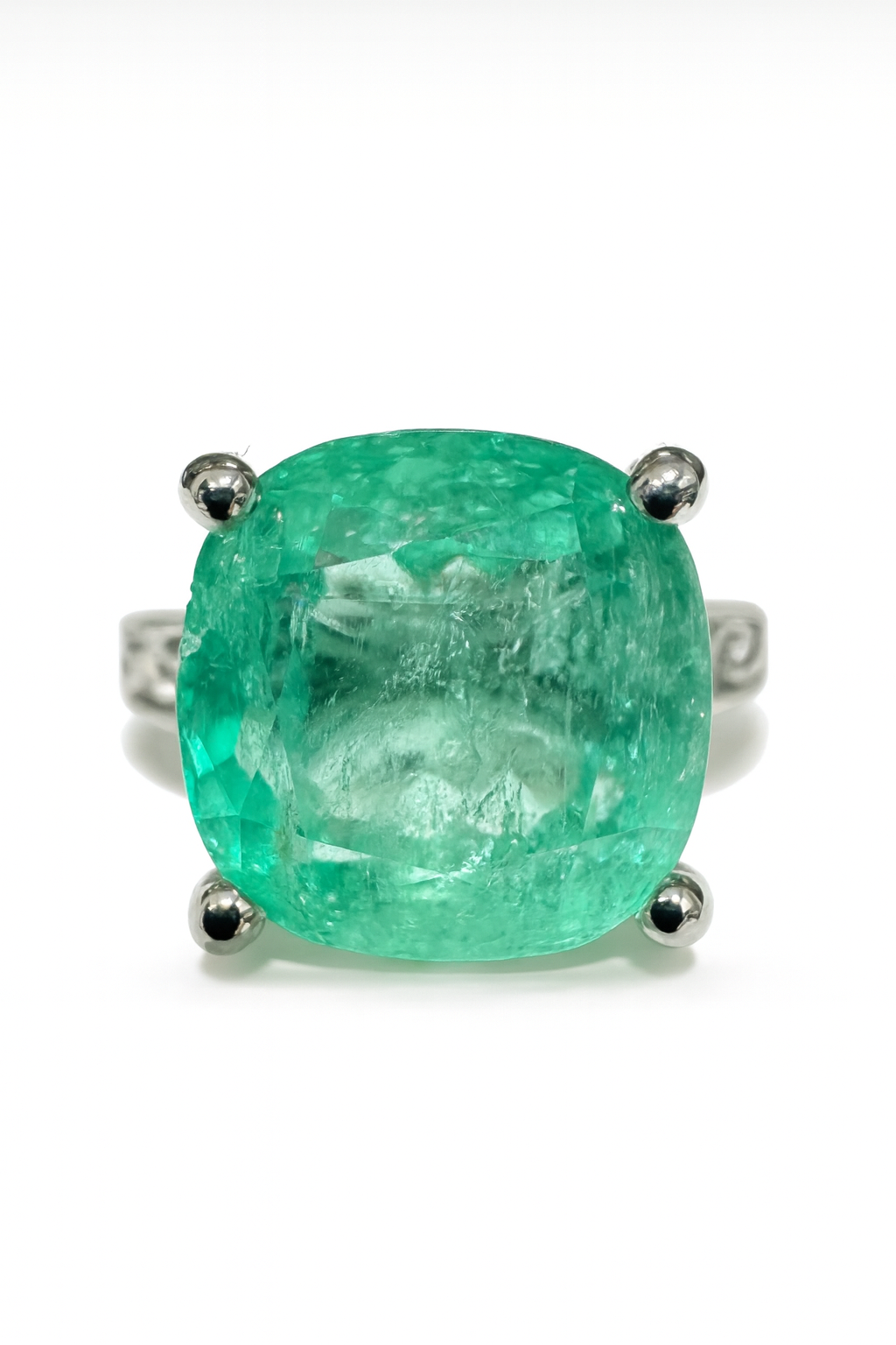 5.34ct Natural Colombian Emerald Seafoam Green Cushion Cut Emerald Right Hand Ring - JR Colombian Emeralds