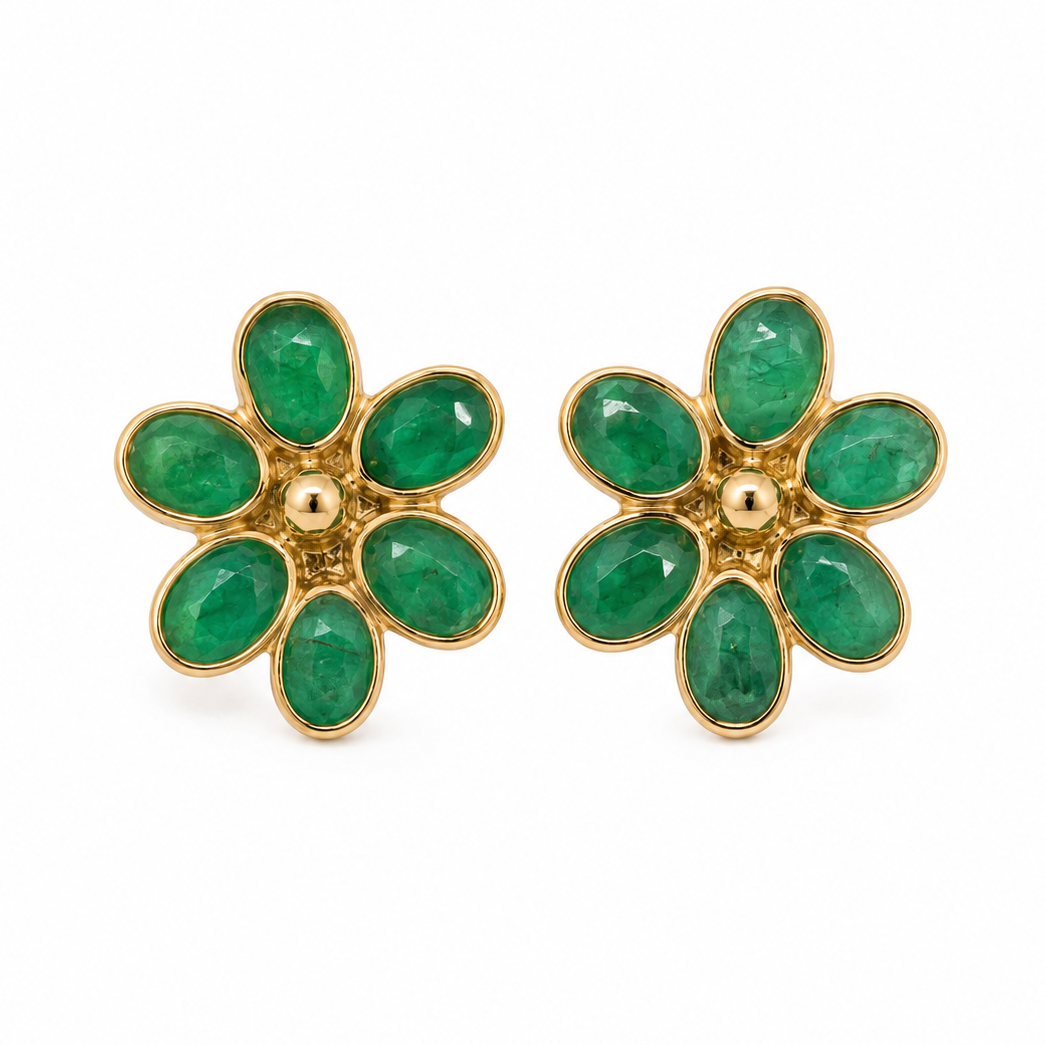 3.14tcw 14K Bezel Set Floral Emerald Stud Earrings