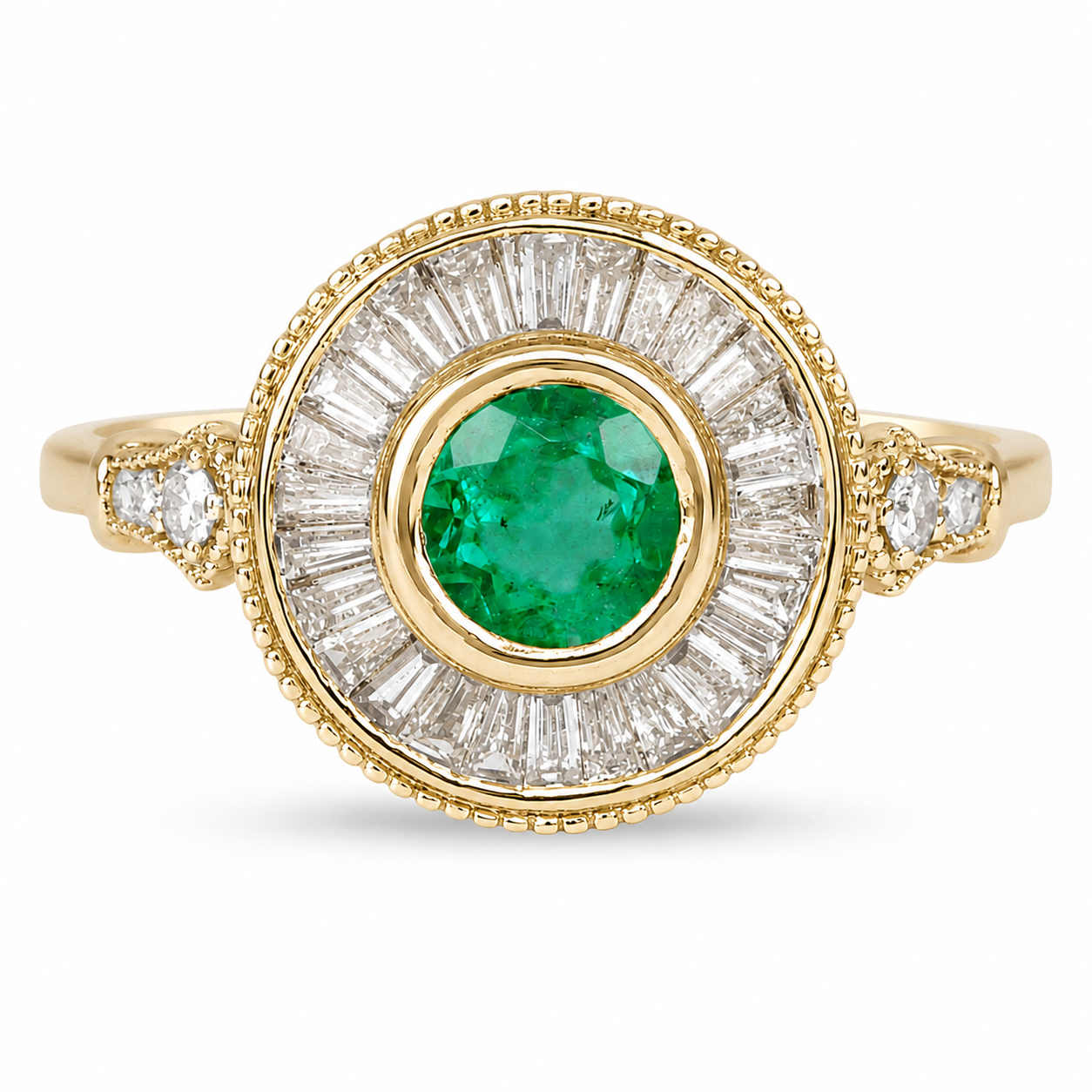 1.25tcw Colombian Emerald & Diamond Baguette Halo Ring 14K