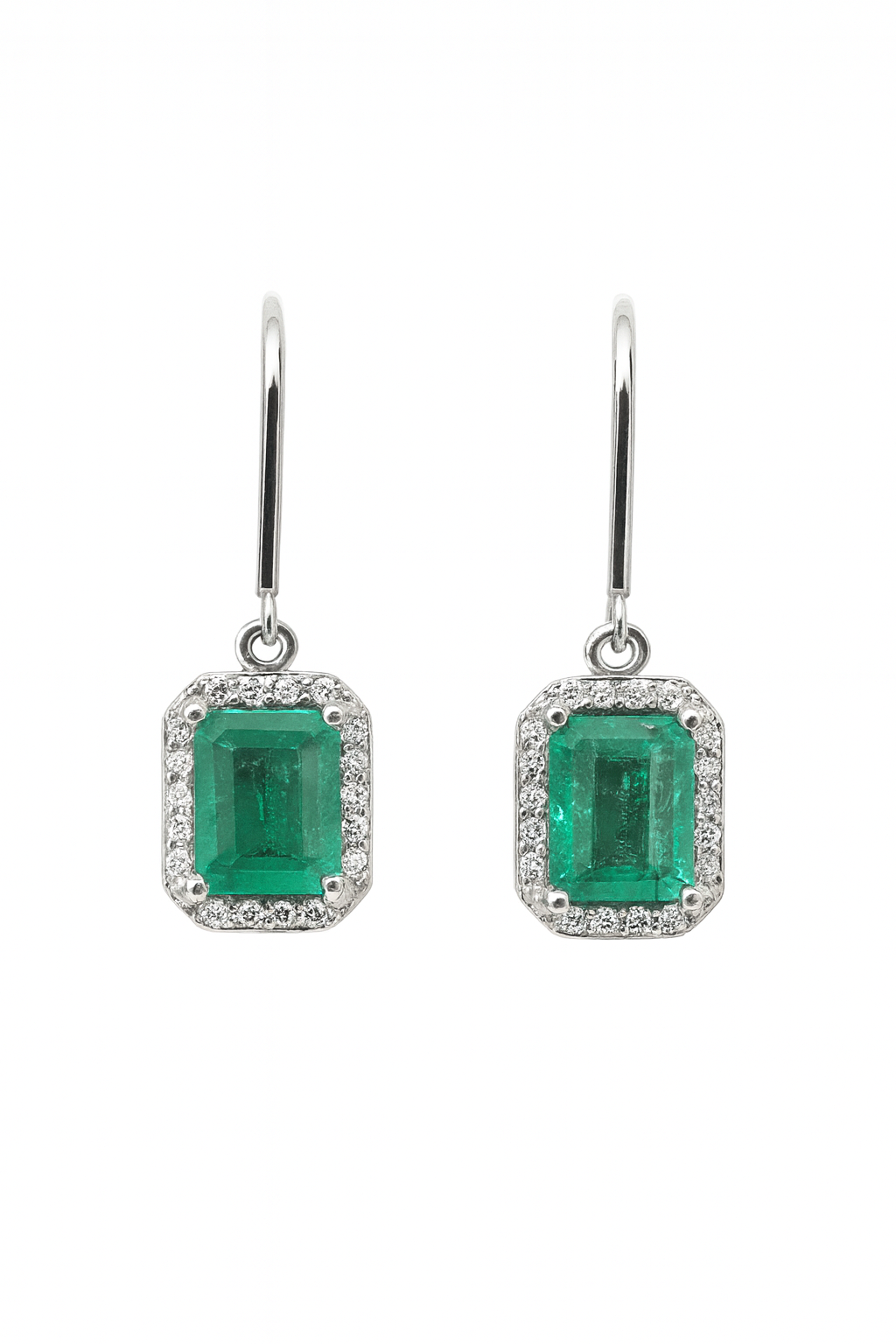 1.72tcw Natural Emerald Cut Emerald & Diamond Halo Hook Earrings 14K White Gold