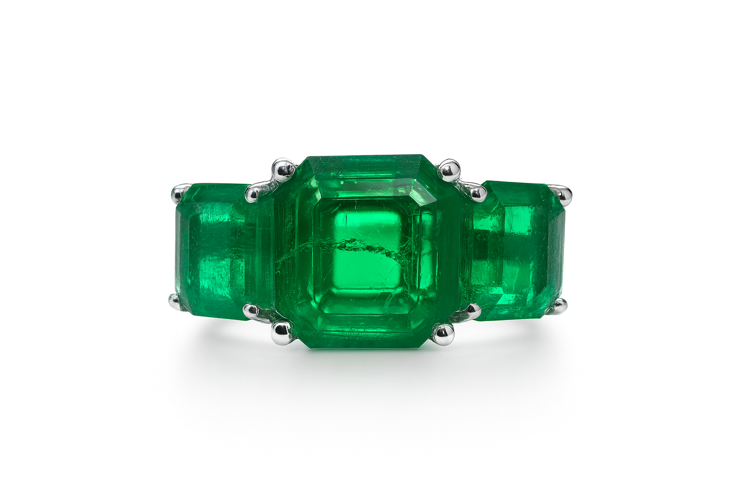 2.39tcw AAA+ Rare Find: Three Stone Asscher Cut Emerald and Diamond Ring 18K White Gold - JR Colombian Emeralds