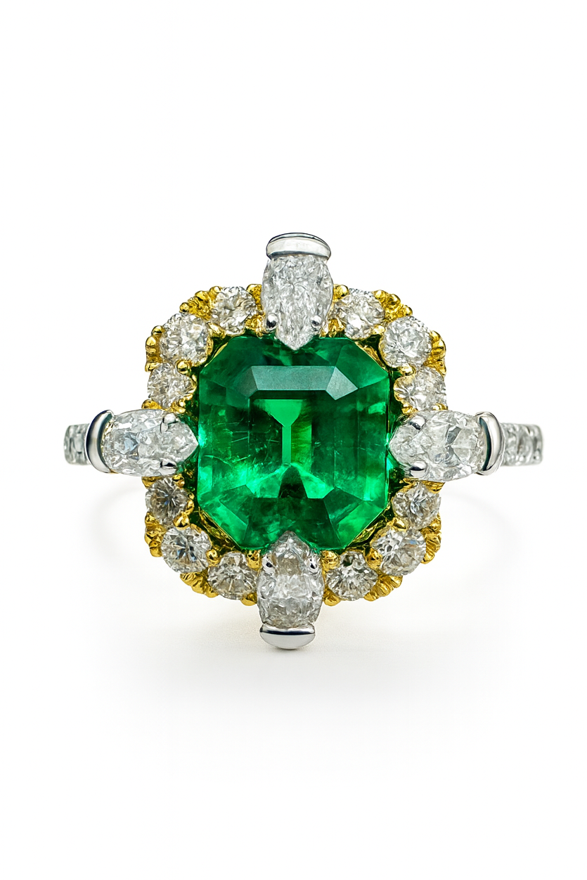 1.22TCW AAA+ Asscher Cut Emerald and Diamond Halo Engagement Ring 18K Two Tone Gold - JR Colombian Emeralds