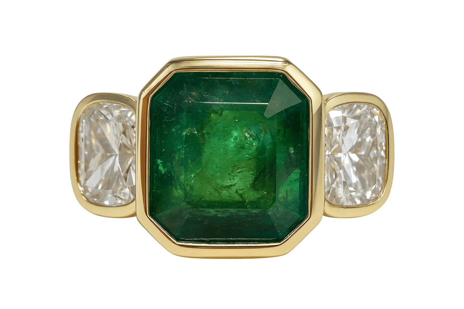 Bezel set emerald cut emerald three stone ring with cushion cut lab diamonds in 14K yellow gold