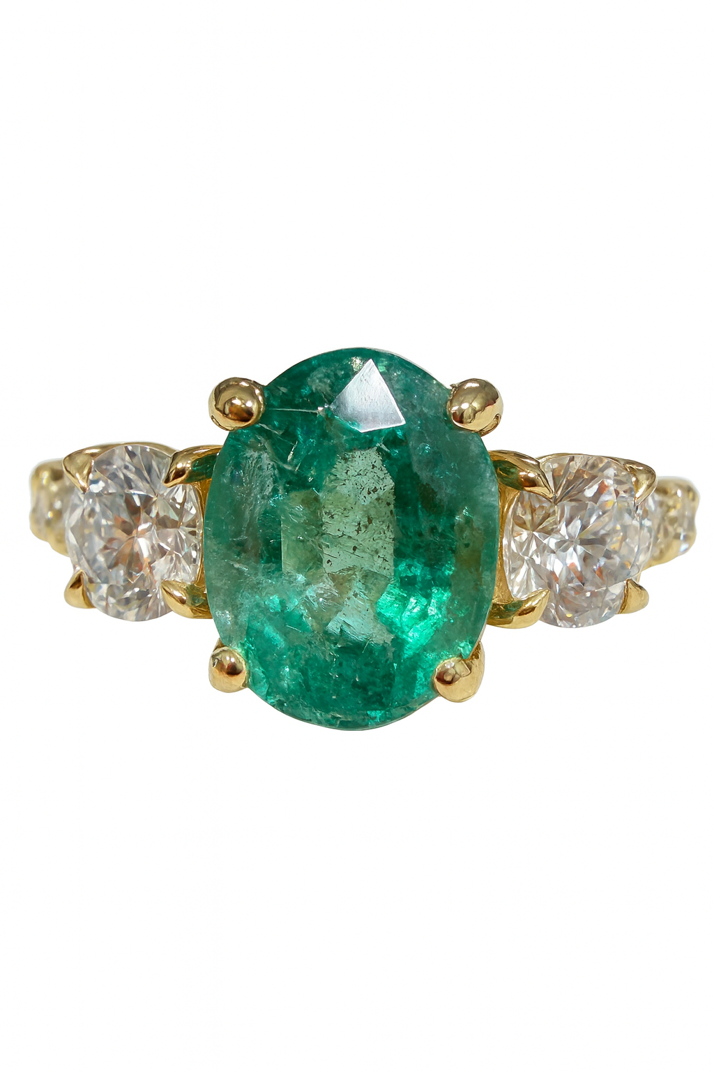 2.40tcw Oval Emerald & Round Lab Diamond Three Stone with Accents 14K - JR Colombian Emeralds