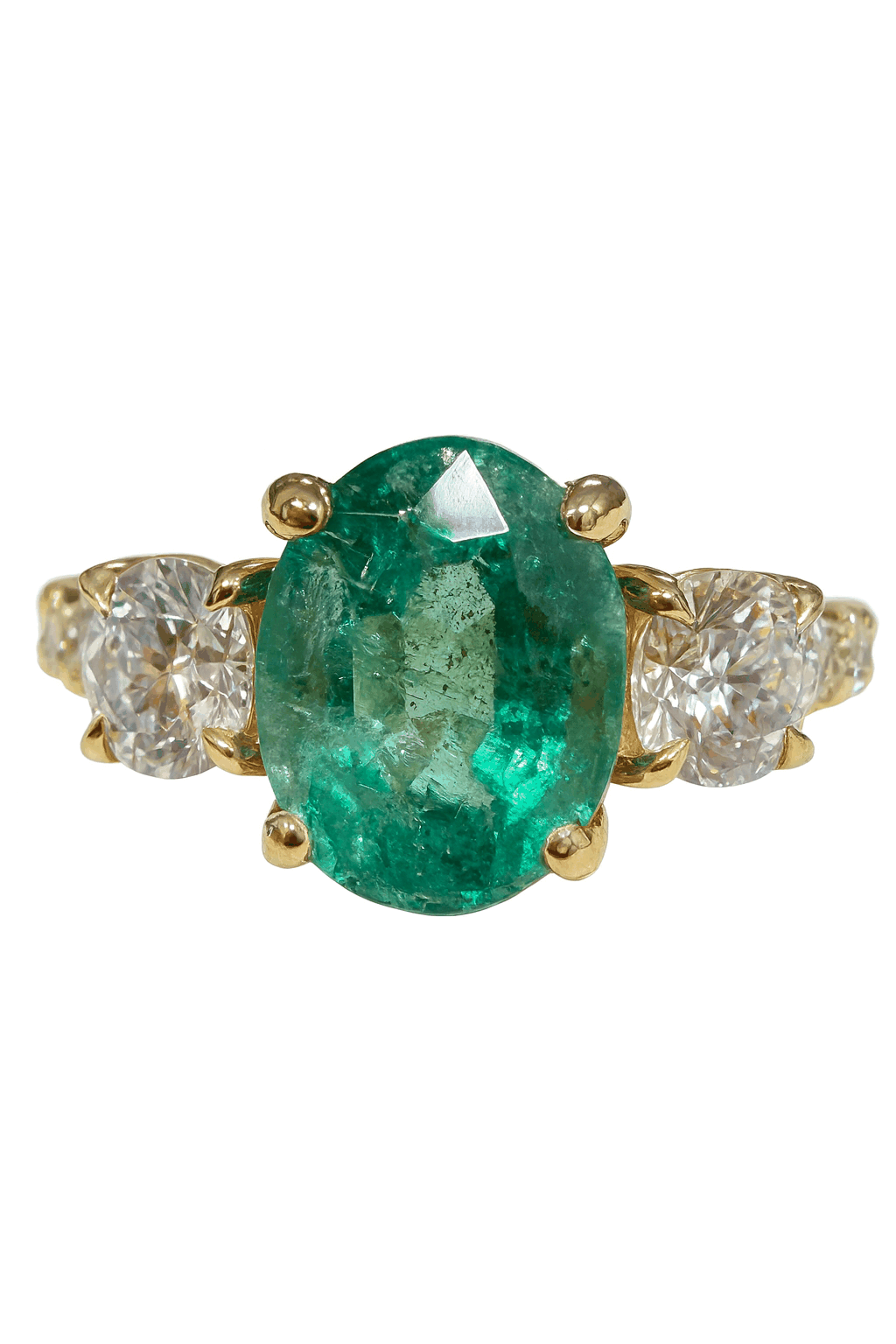 14K yellow gold 3 stone ring with oval emerald and round lab diamonds accents