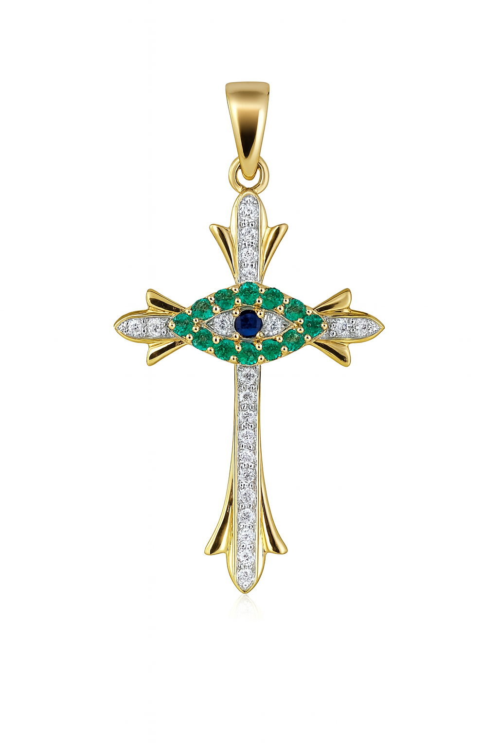 Evil Eye Cross In Natural Emerald, Diamonds, & Sapphire Necklace 14K