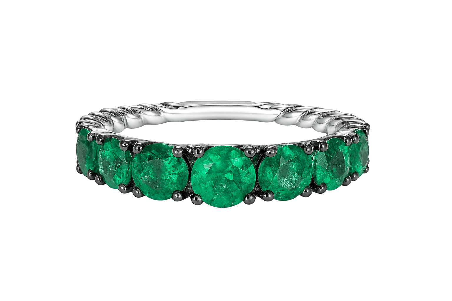1.68tcw natural emerald graduated round stones 3/4 band ring in 18K white gold size 7