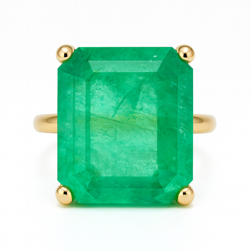 6.85 Carat Luminous Yellowish Green Colombian Emerald Solitaire Engagement Ring 14K