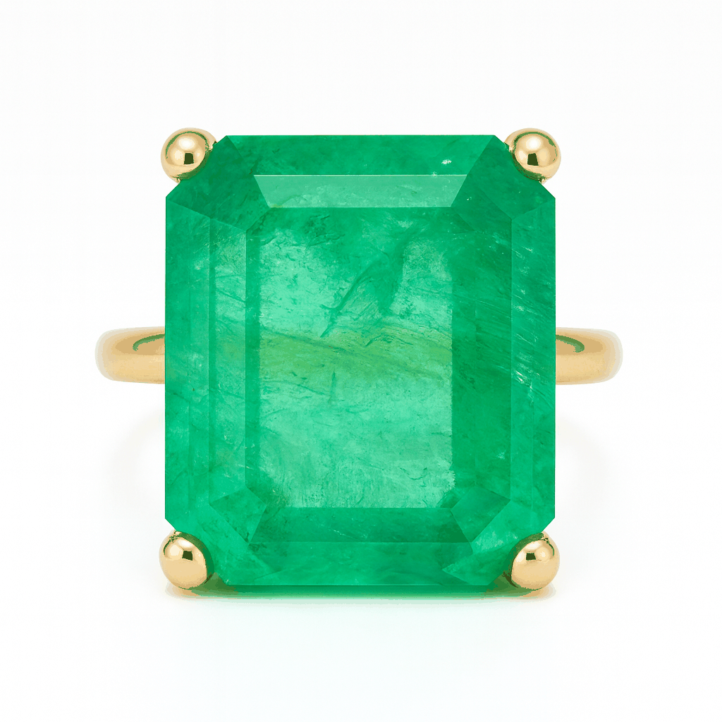6.85 carat large yellowish green Colombian emerald solitaire ring in 14K gold