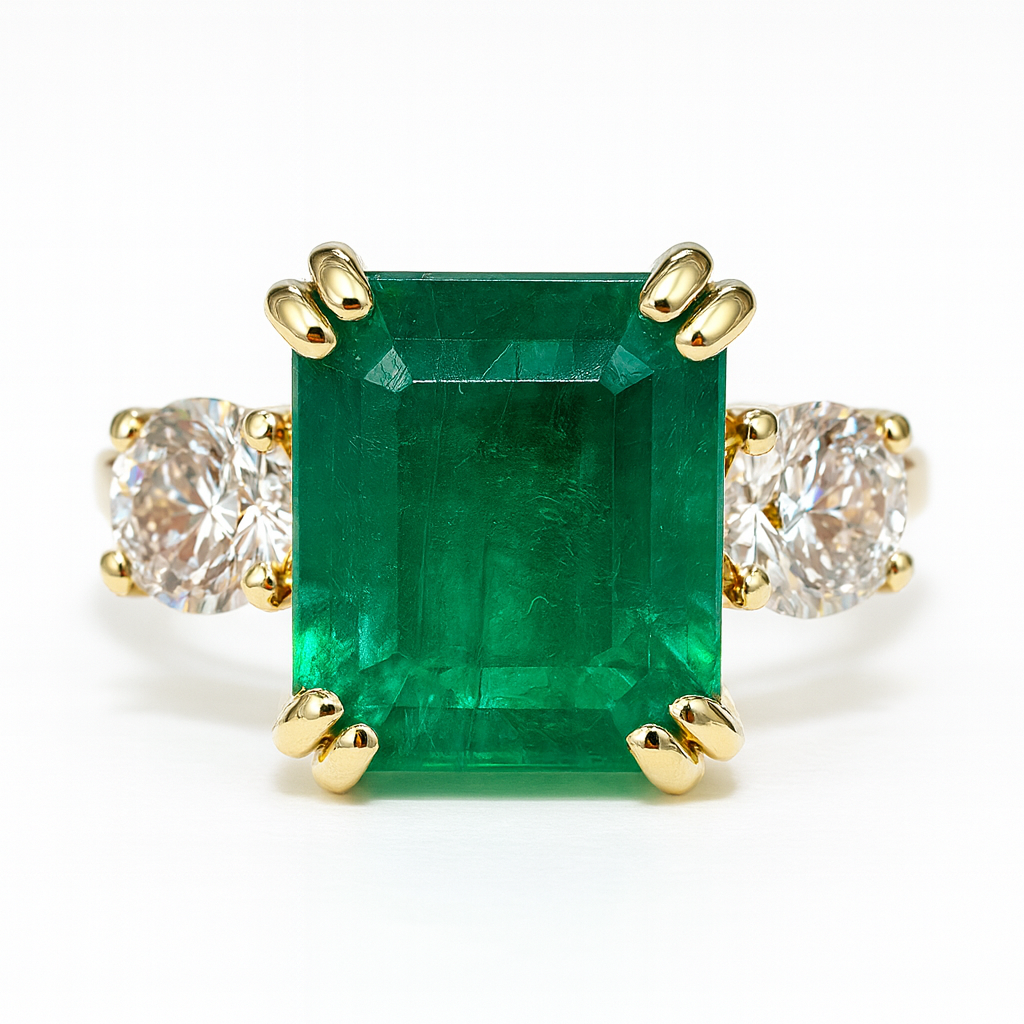 3.16tcw Classic Emerald Cut & Lab Diamond Three Stone with Accents 14K - JR Colombian Emeralds