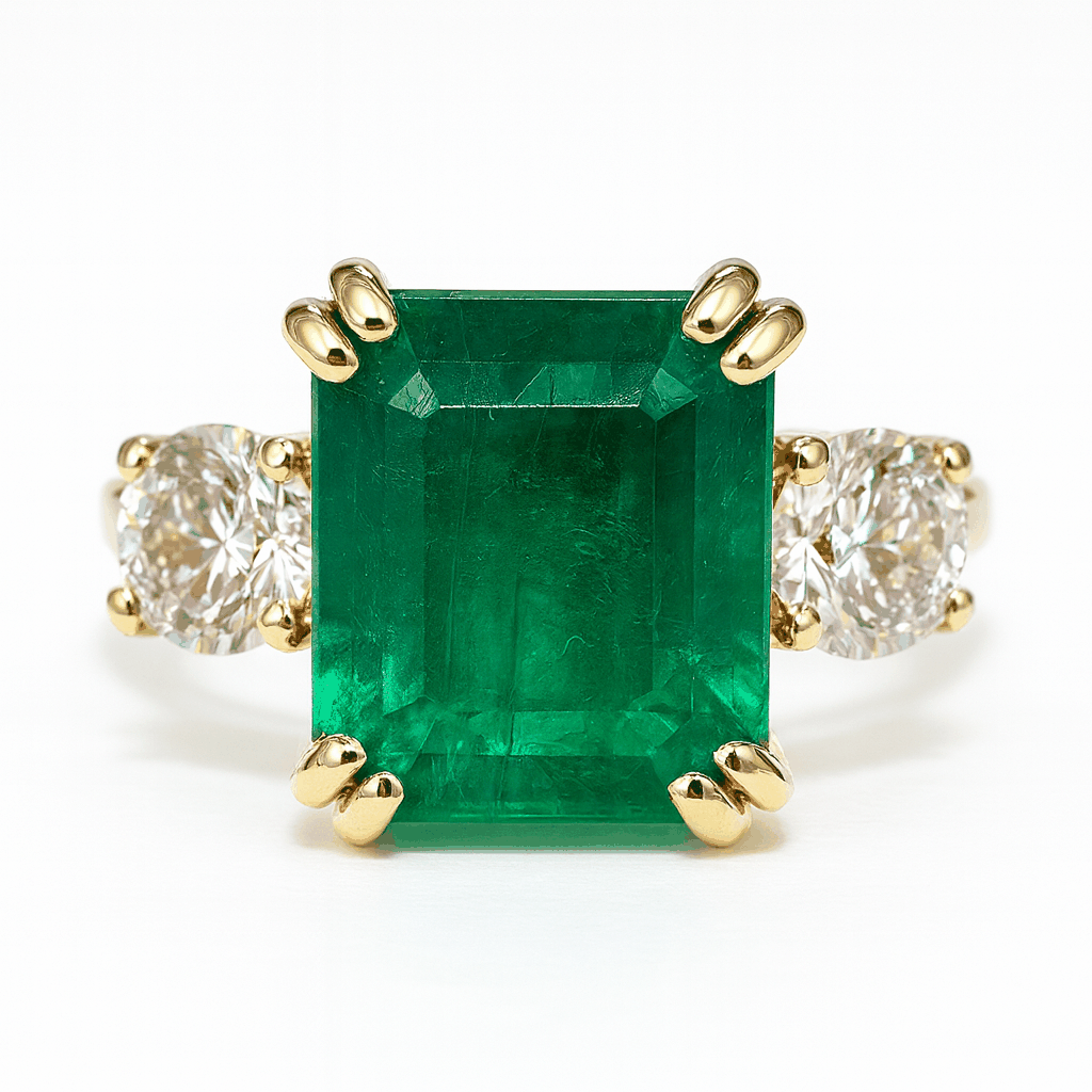 14K gold ring with 3.16tcw emerald cut emerald and lab round diamond three stone accents
