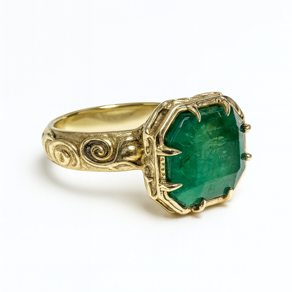 2.85 Carat 14K Scroll Work Chunky Emerald Cut Ladies Engagement Ring - JR Colombian Emeralds