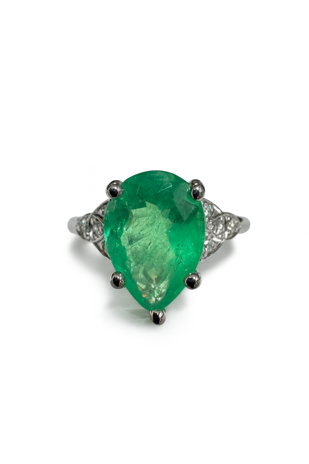 3.11tcw 14K Pear Shaped Emerald & Diamond Accent Ring White Gold