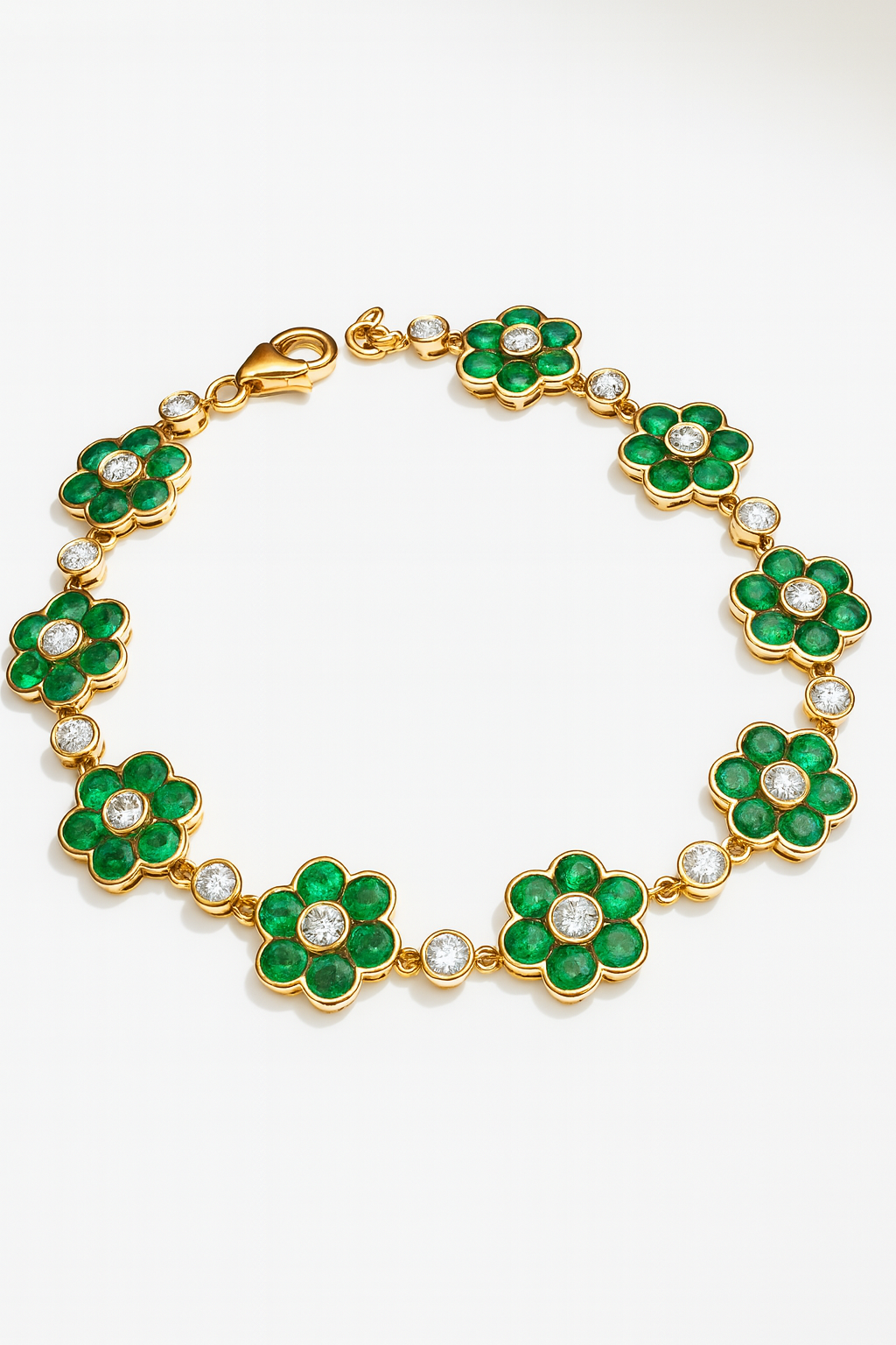 10.03tcw 14K Floral Natural Vivid Green Emerald & Diamond Bracelet 7"